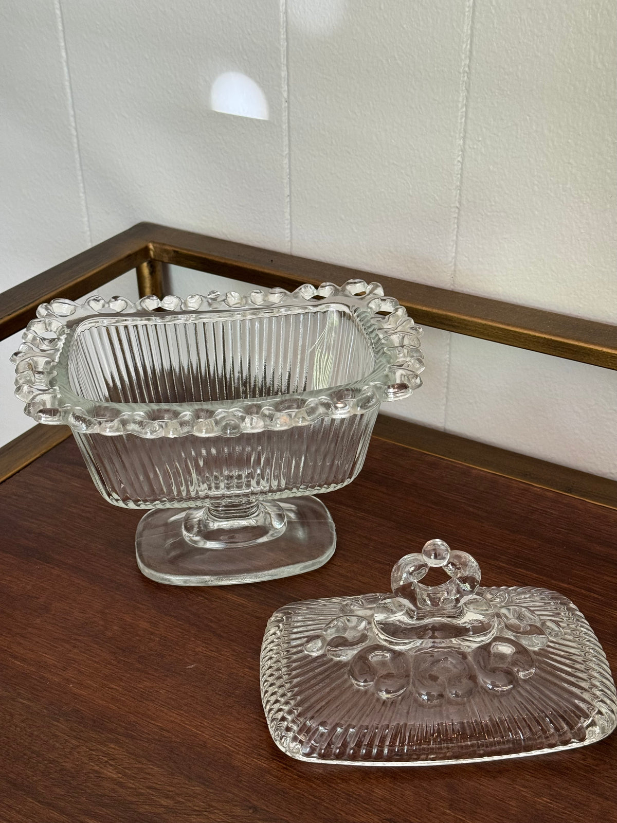 Indiana Glass Lace Edge Clear Glass Pedestal Candy Dish 1950s