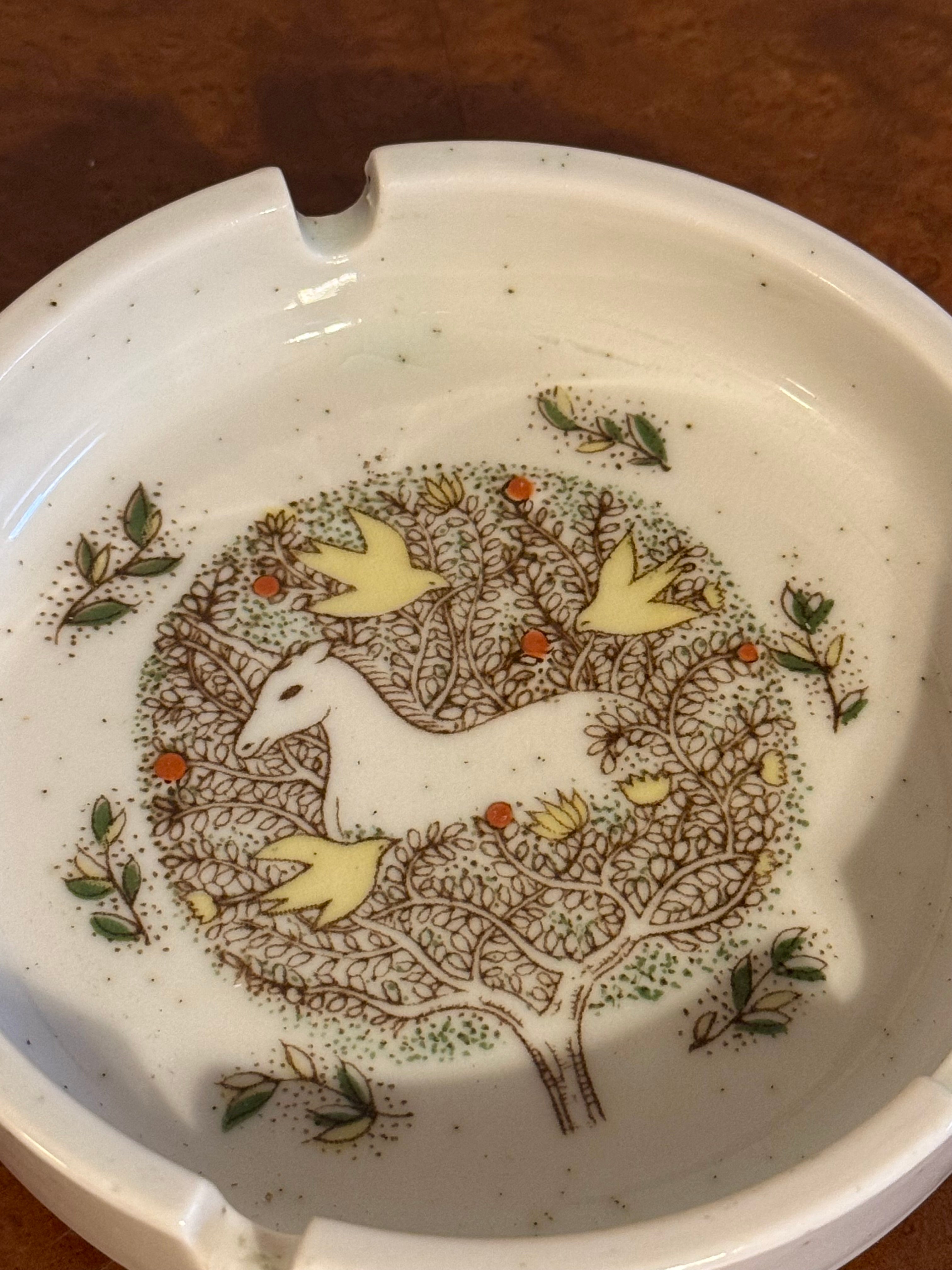 Vintage 1970s Otagiri Ceramic Ashtray / Catchall Unicorn in Meadow Tree of Life RARE