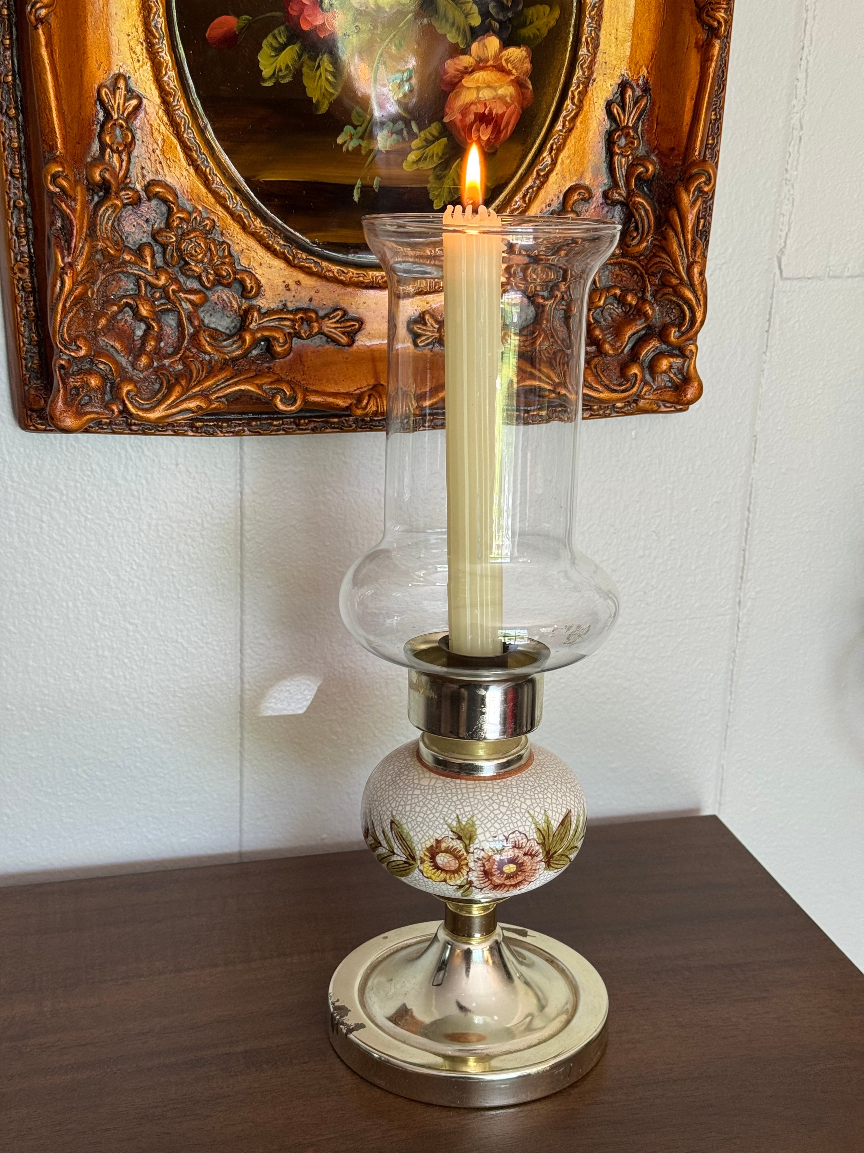 Vintage Hurricane Candlestick Holder with Glass Chimney & Floral Base - Metal & Ceramic