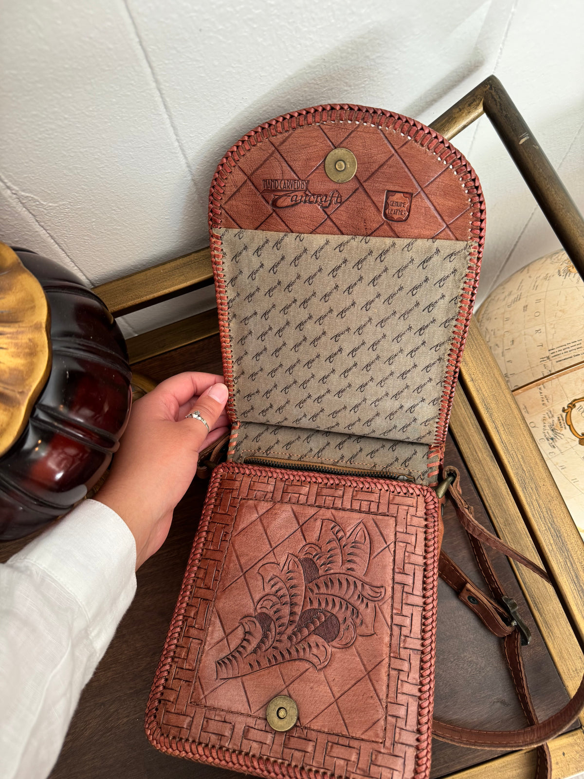 Leather Floral Carved Bag, Made in India