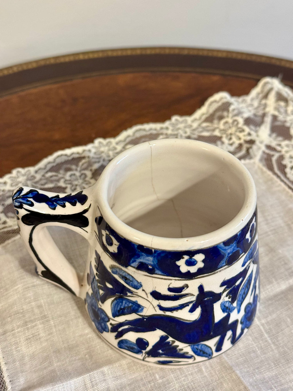 Vintage Handmade Greek Folk Pottery Mug, Cobalt Blue Leaping Deer & Floral Design—AS IS