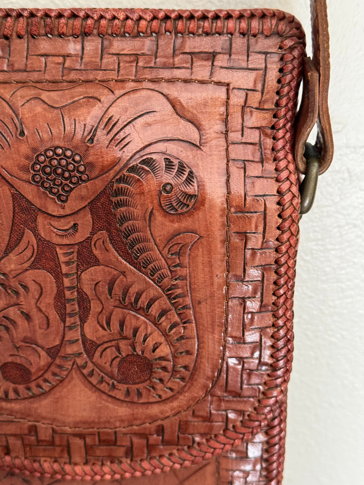 Leather Floral Carved Bag, Made in India