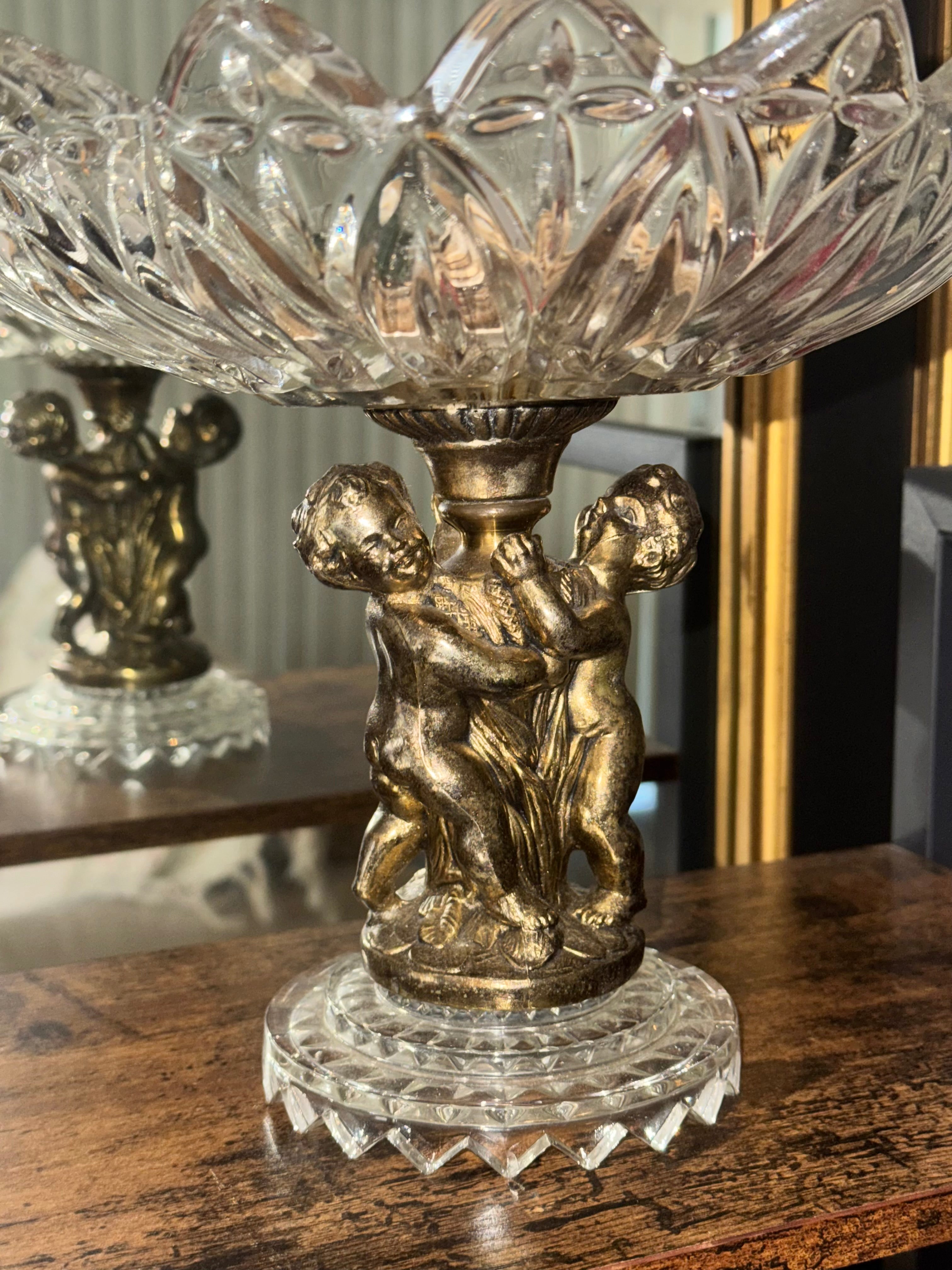 Vintage Federal Glass Petal Pressed Glass Pedestal Compote Dish with Brass Cherubs Hollywood Regency