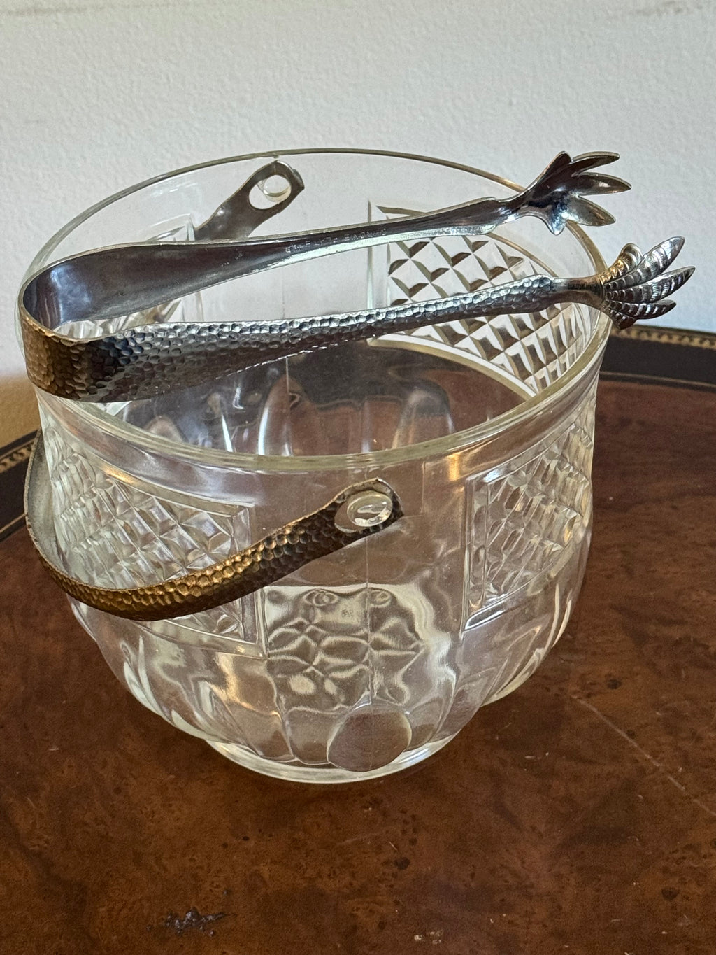 Vintage 1940s-60s Pressed Glass Ice Bucket with Tongs