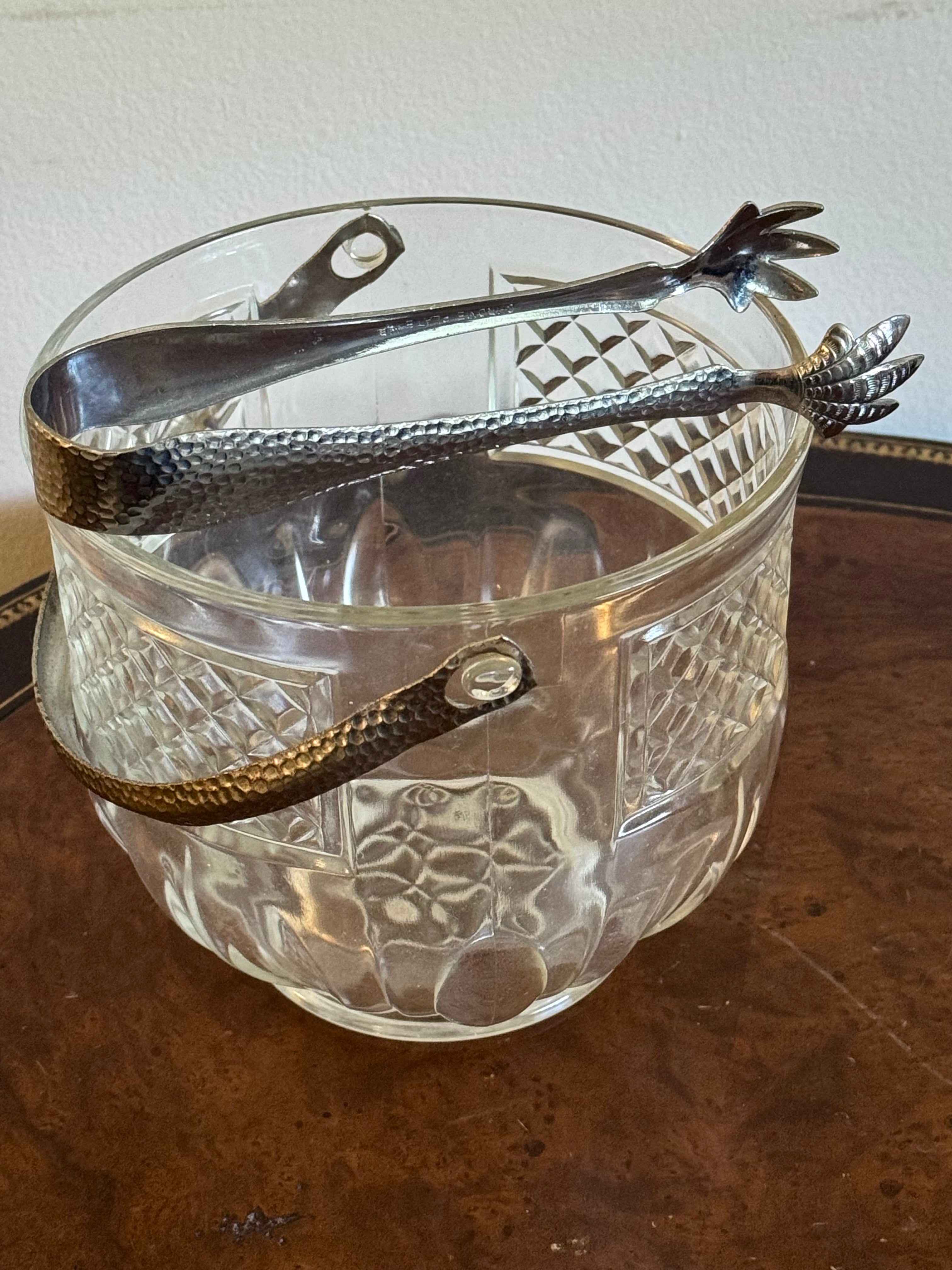 Vintage 1940s-60s Pressed Glass Ice Bucket with Tongs