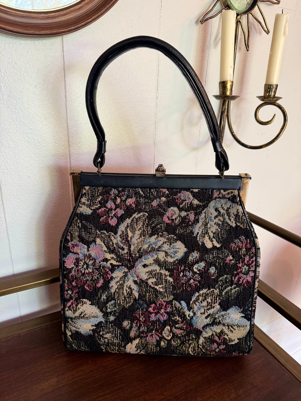 Vintage Black Floral Tapestry Handbag