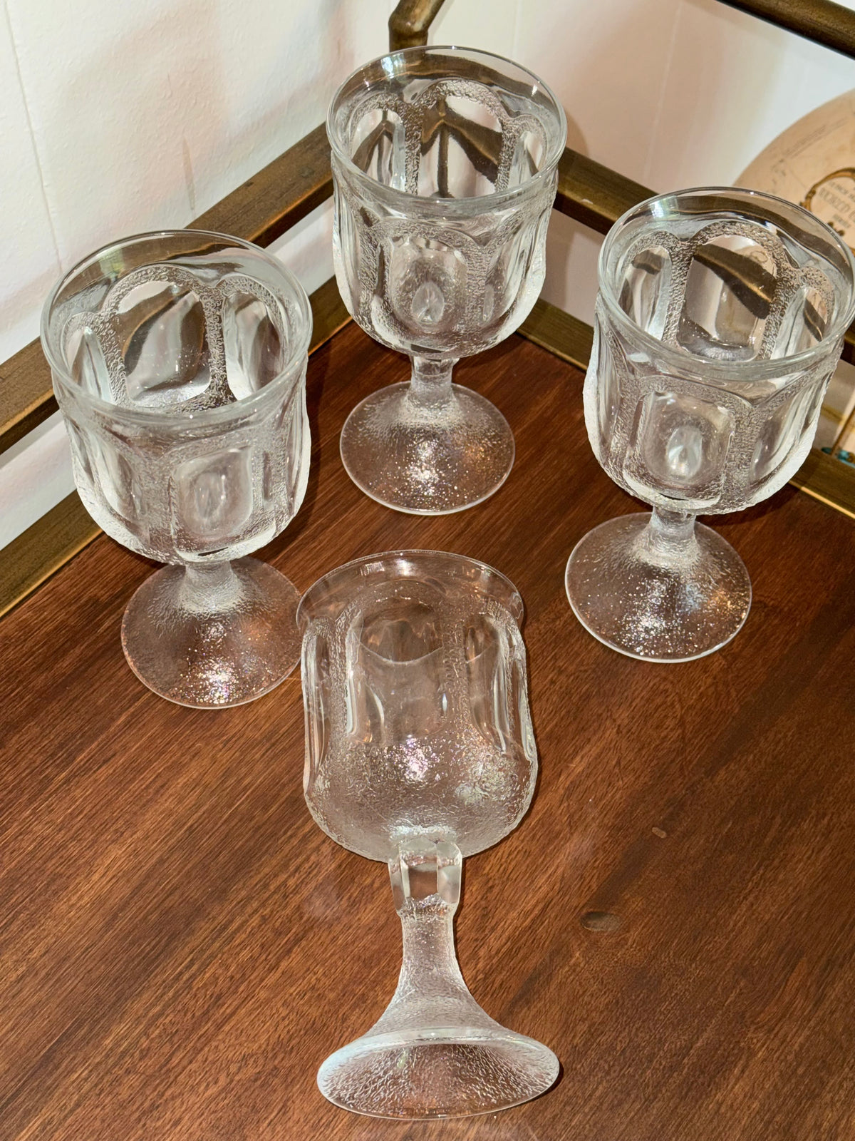 Fostoria Woodland Clear Wine Glass, Pressed Glass Textured Arch Design, Set of 4 1970s-80s