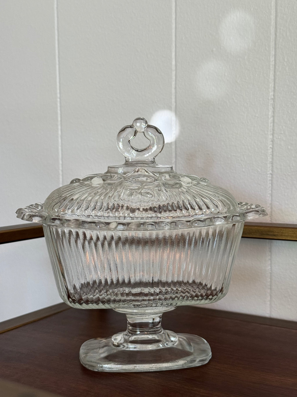 Indiana Glass Lace Edge Clear Glass Pedestal Candy Dish 1950s