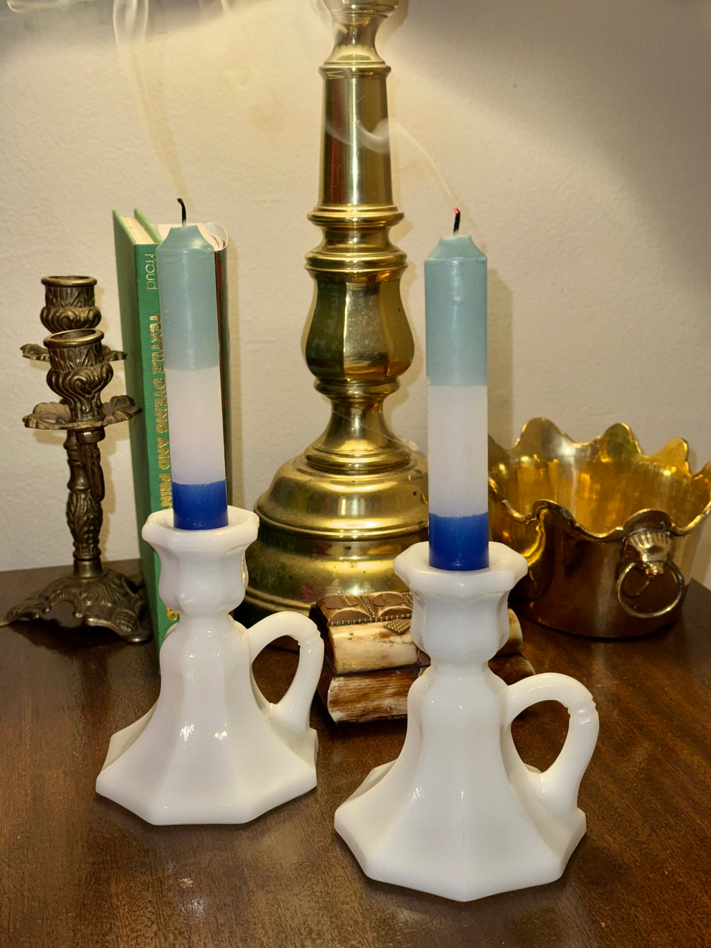 Vintage Milk Glass Candlestick Holders, Pair