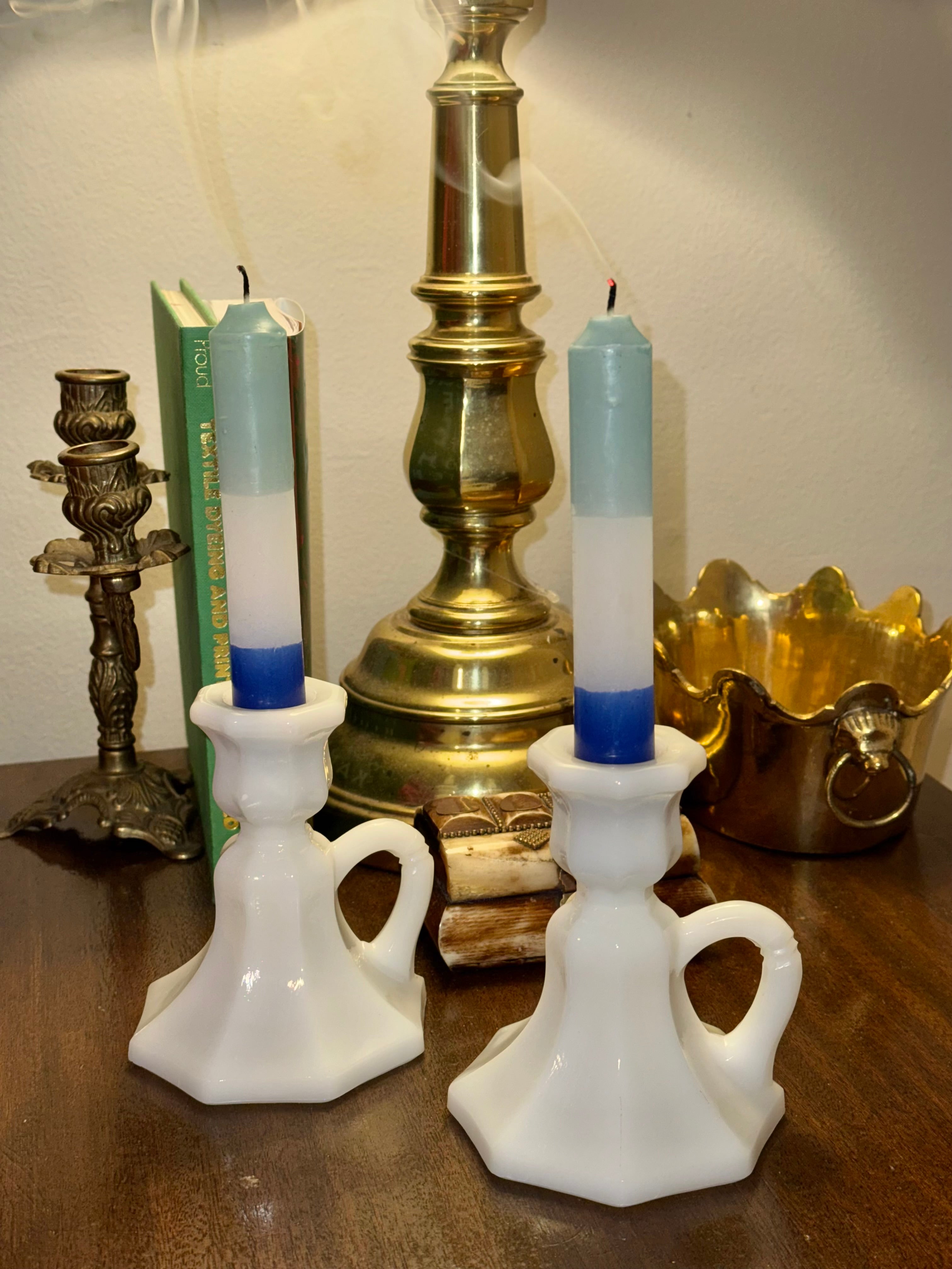 Vintage Milk Glass Candlestick Holders, Pair