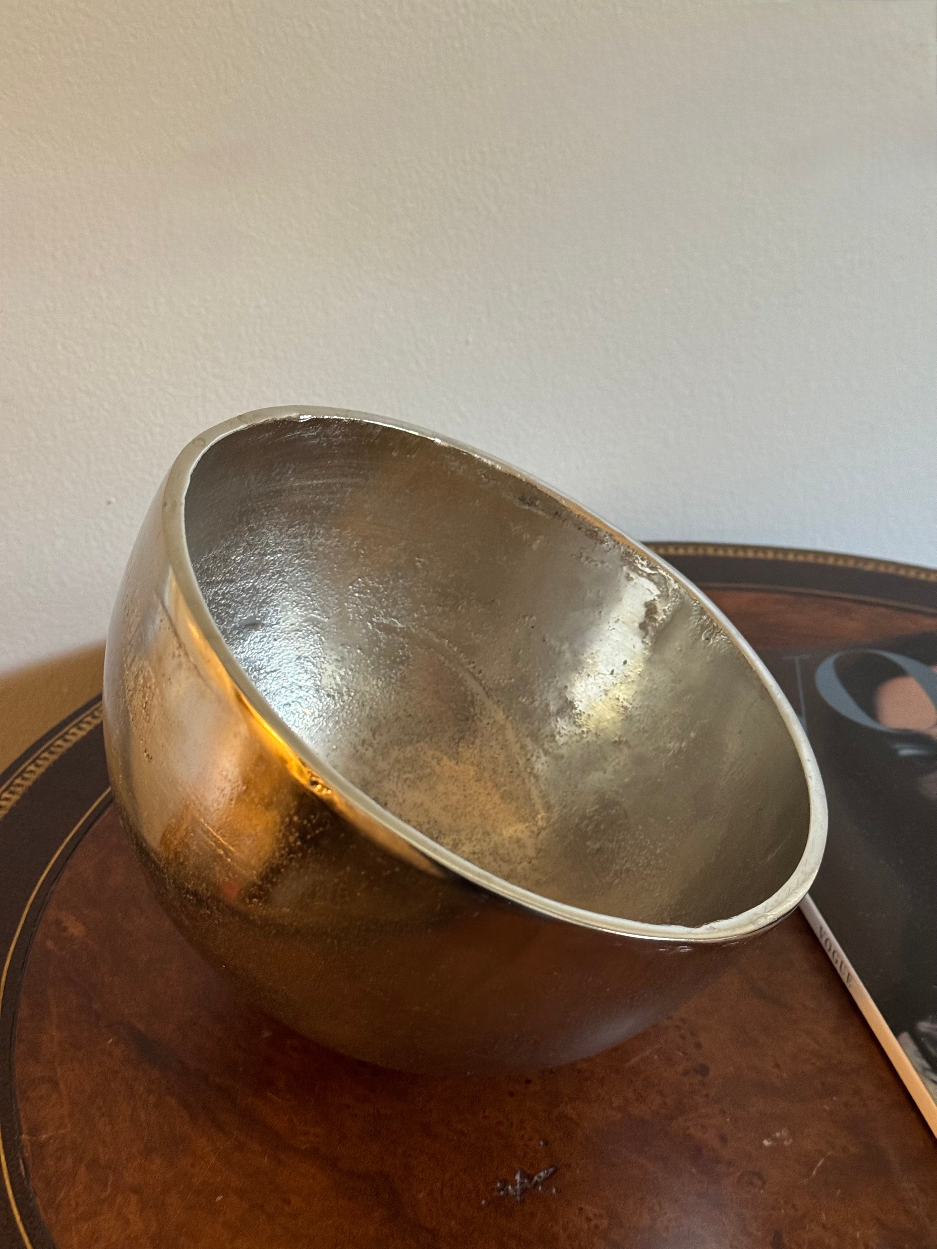 Vintage Silver-Toned Metal Tilted Angled Bowl Sculptural Catchall / Hollywood Regency Decor