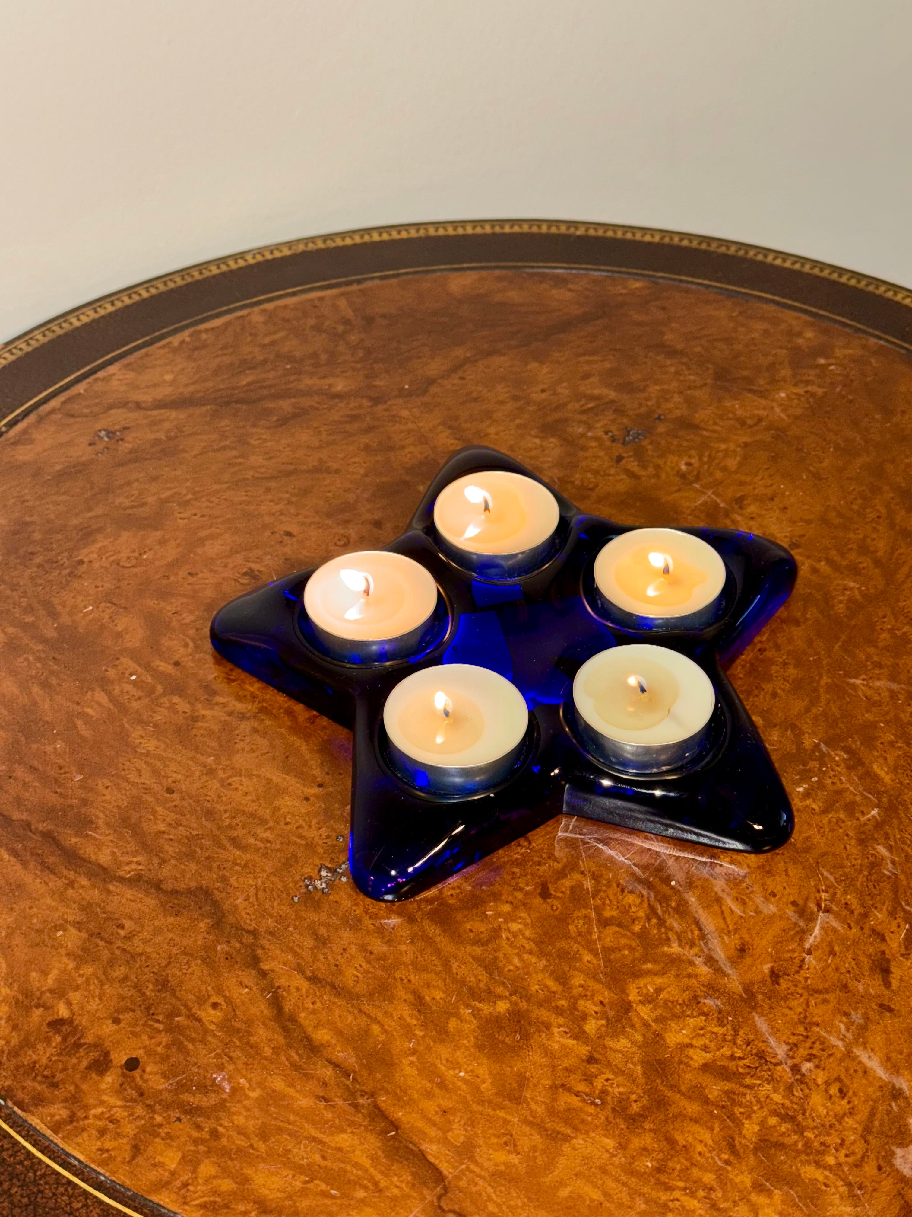 Vintage Cobalt Blue Glass Star Tealight Holder Five-point Candle Centerpiece / Celestial Whimsigoth Decor