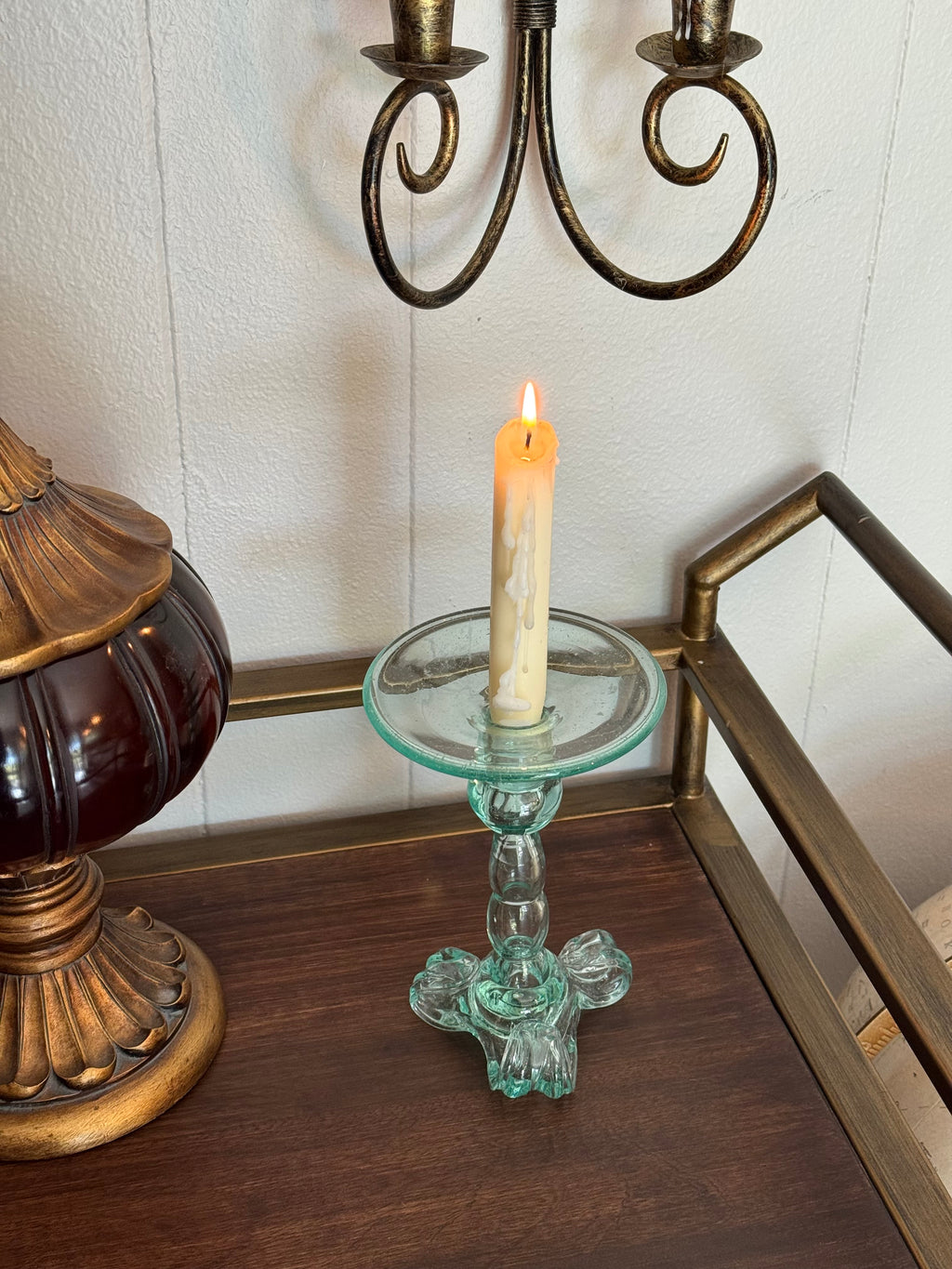 Hand Blown Green Glass Candle Holder by Kalalou