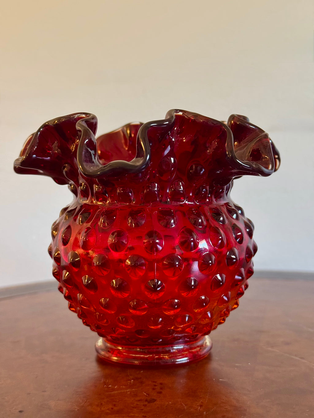 Fenton Hobnail Ruby Red Crimped Ruffled Rim Mini Vase / Amberina Glass