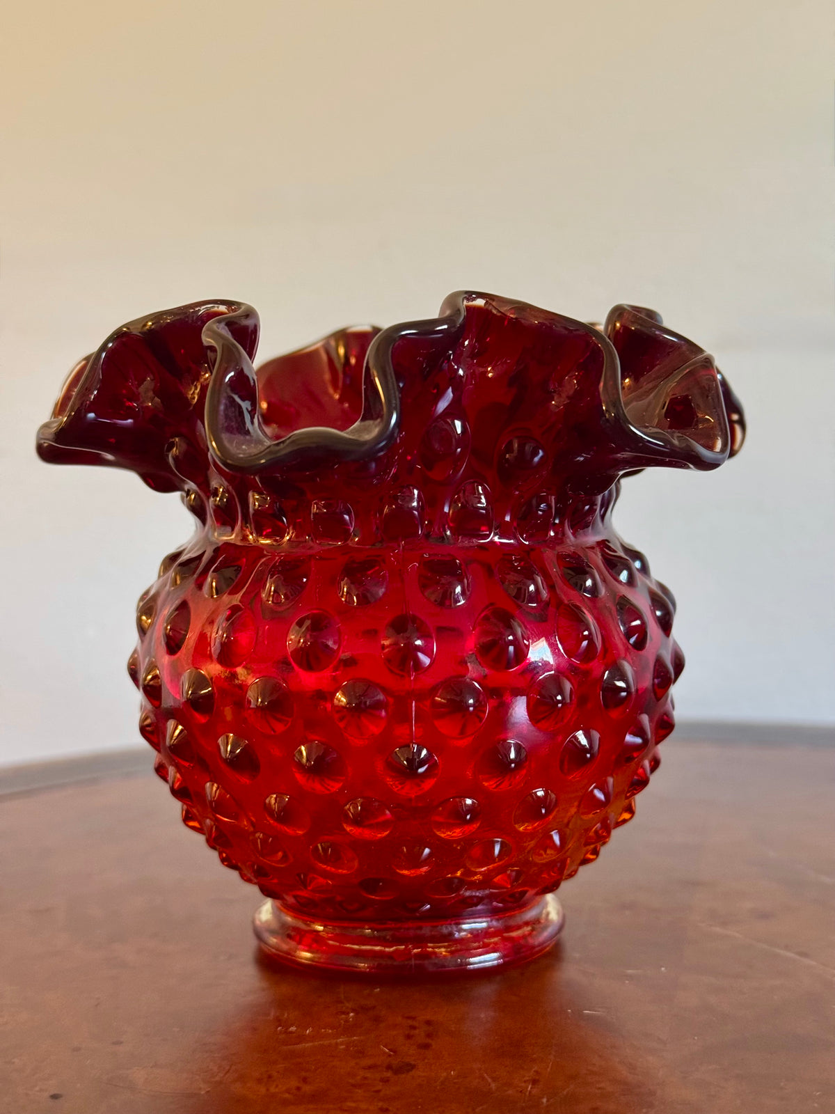 Fenton Hobnail Ruby Red Crimped Ruffled Rim Mini Vase / Amberina Glass