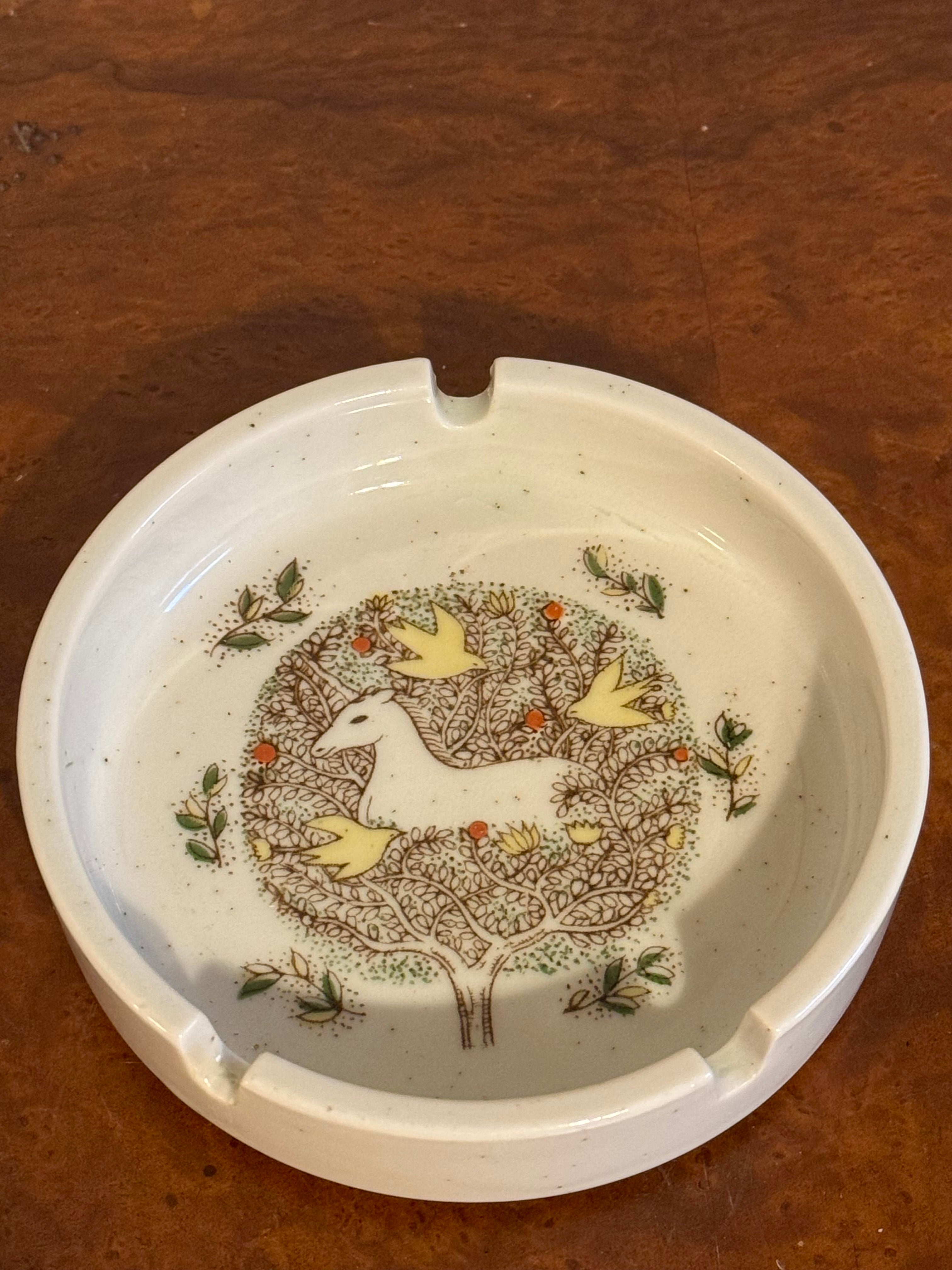 Vintage 1970s Otagiri Ceramic Ashtray / Catchall Unicorn in Meadow Tree of Life RARE