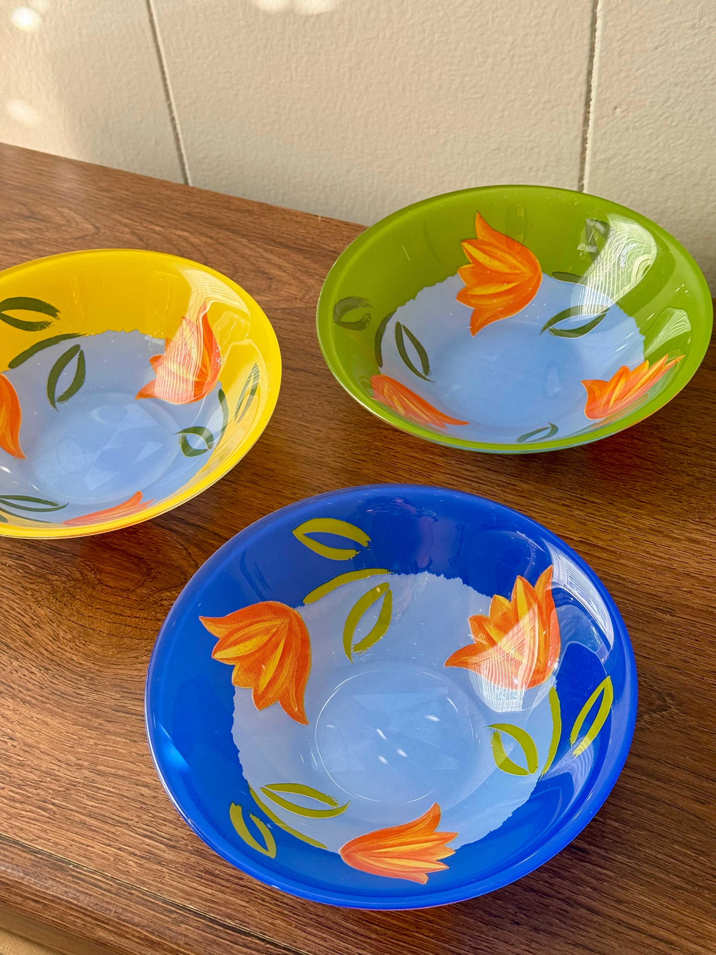 Vintage Set of 3 Arcoroc France "Matys" Tulip Floral Glass Cereal Bowls 🌷 90s Colorful Kitchen