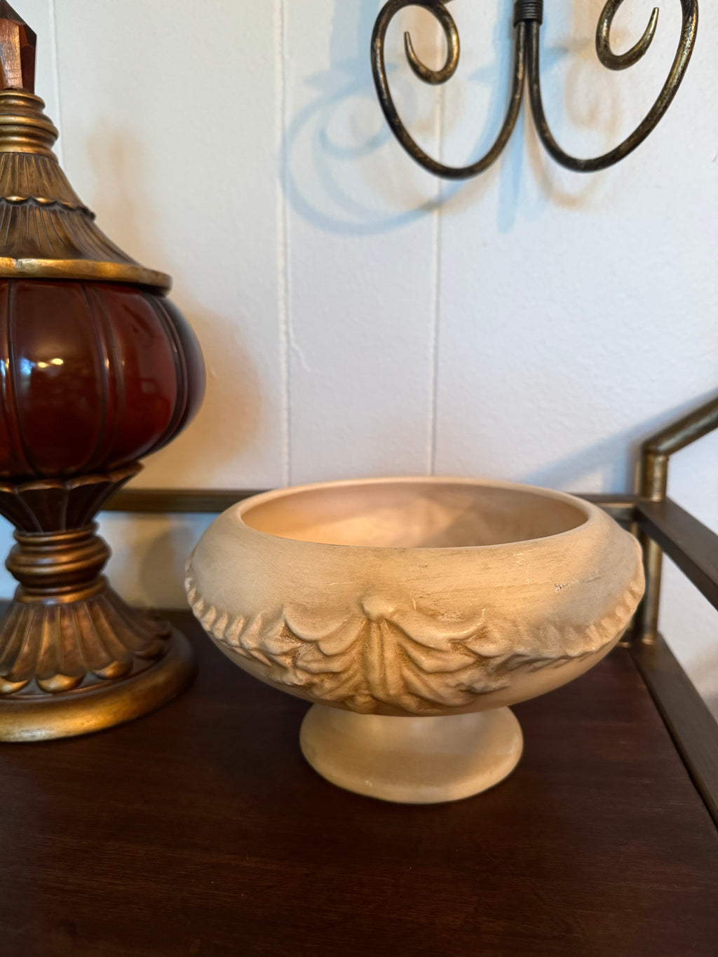 Footed Pedestal Planter / Console Bowl with Raised Scroll Pattern