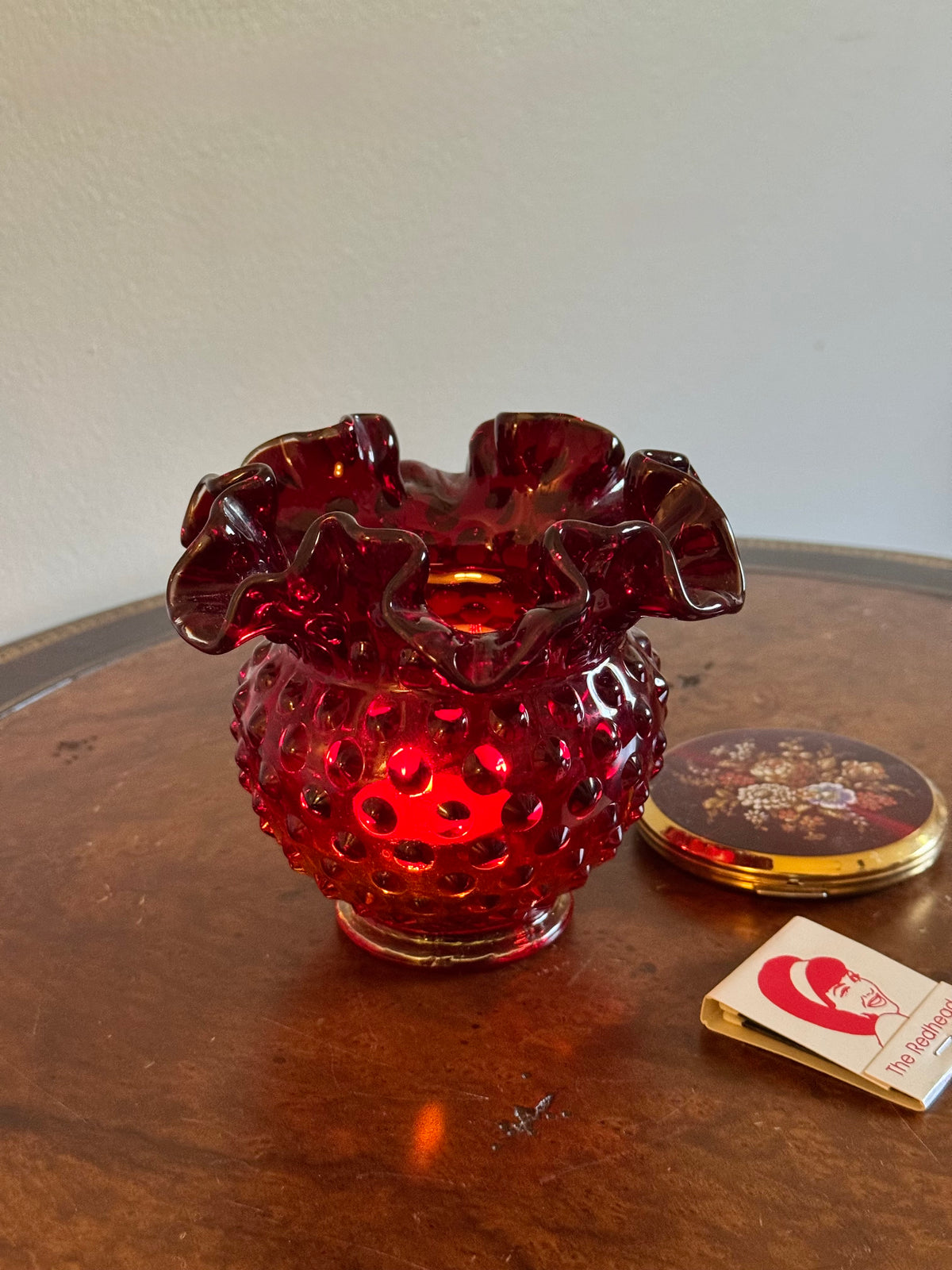 Fenton Hobnail Ruby Red Crimped Ruffled Rim Mini Vase / Amberina Glass