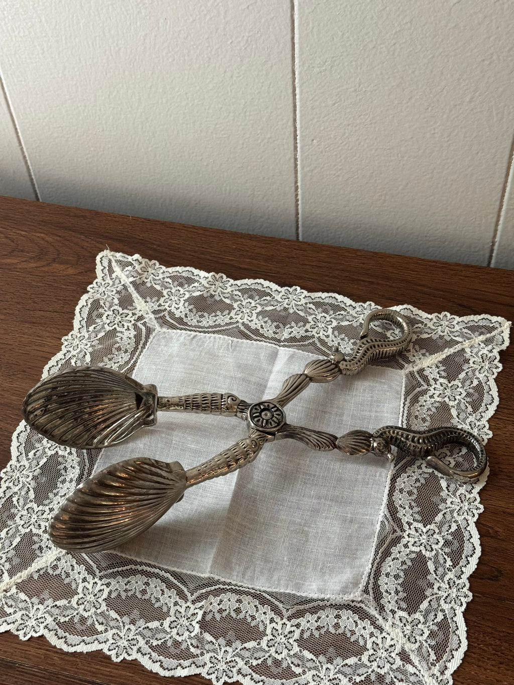 Vintage Silverplate Tongs for Salad Serving / Godinger Seahorse Clamshell Tong Servers