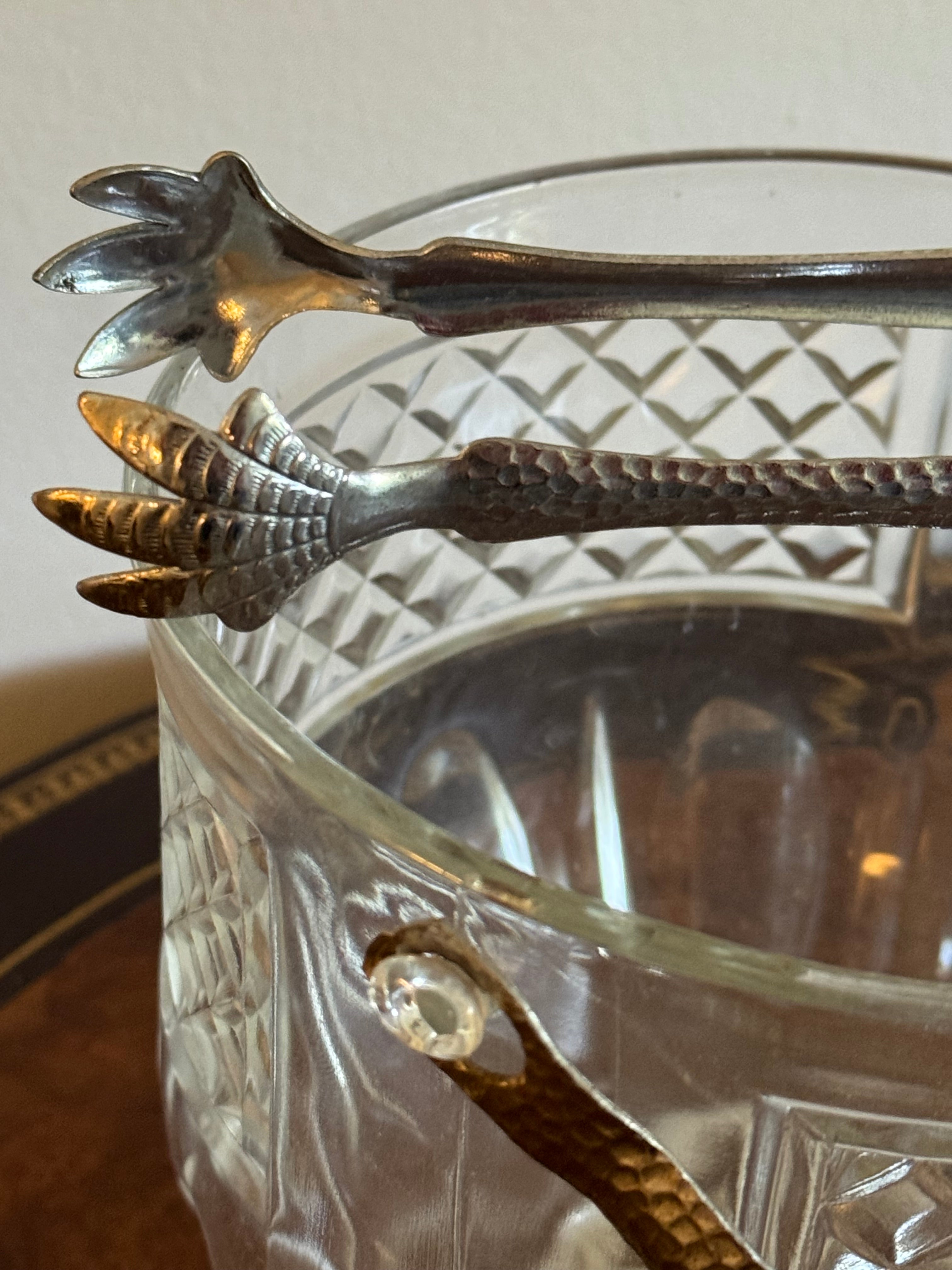 Vintage 1940s-60s Pressed Glass Ice Bucket with Tongs
