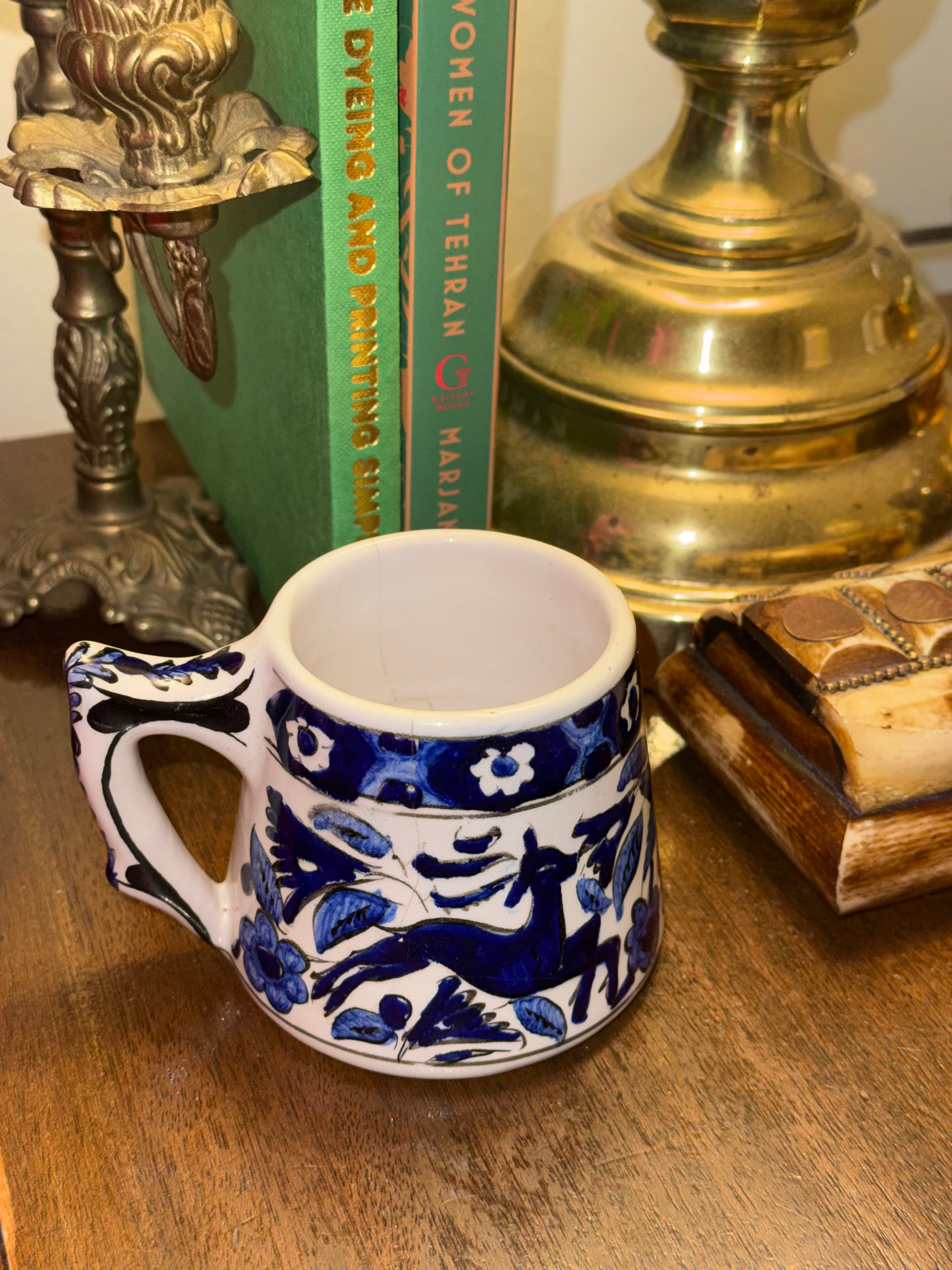 Vintage Handmade Greek Folk Pottery Mug, Cobalt Blue Leaping Deer & Floral Design—AS IS