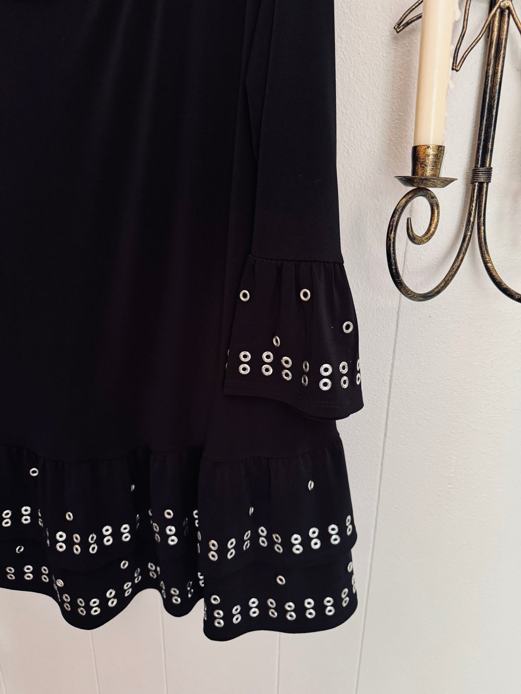 Vintage Fontana Black Bell Sleeve Grommet Blouse / Size XL