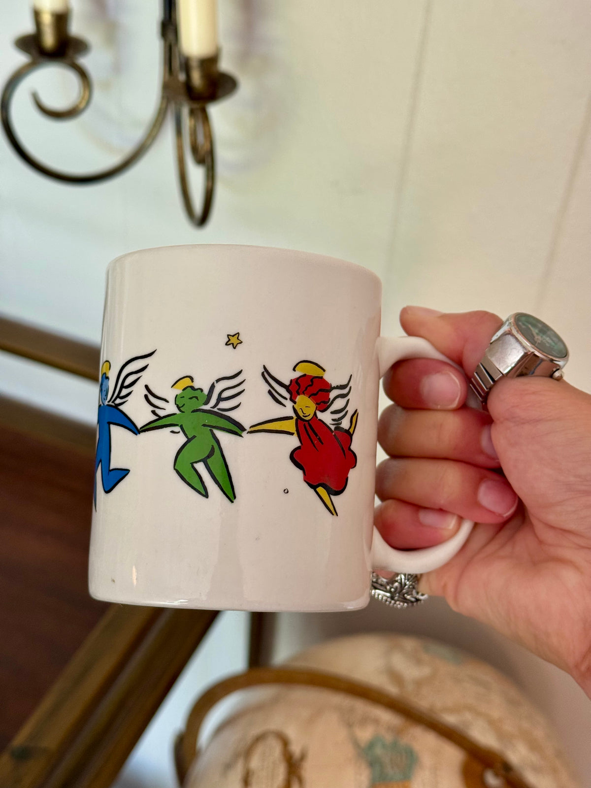 Dancing Angels Around the World Coffee Mug, Colorful Folk Art Angels Holding Hands