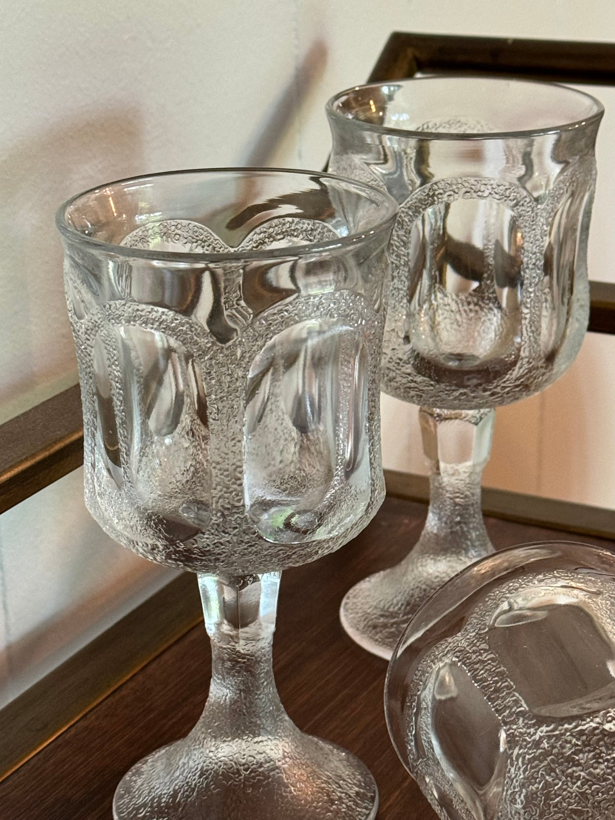 Fostoria Woodland Clear Wine Glass, Pressed Glass Textured Arch Design, Set of 4 1970s-80s