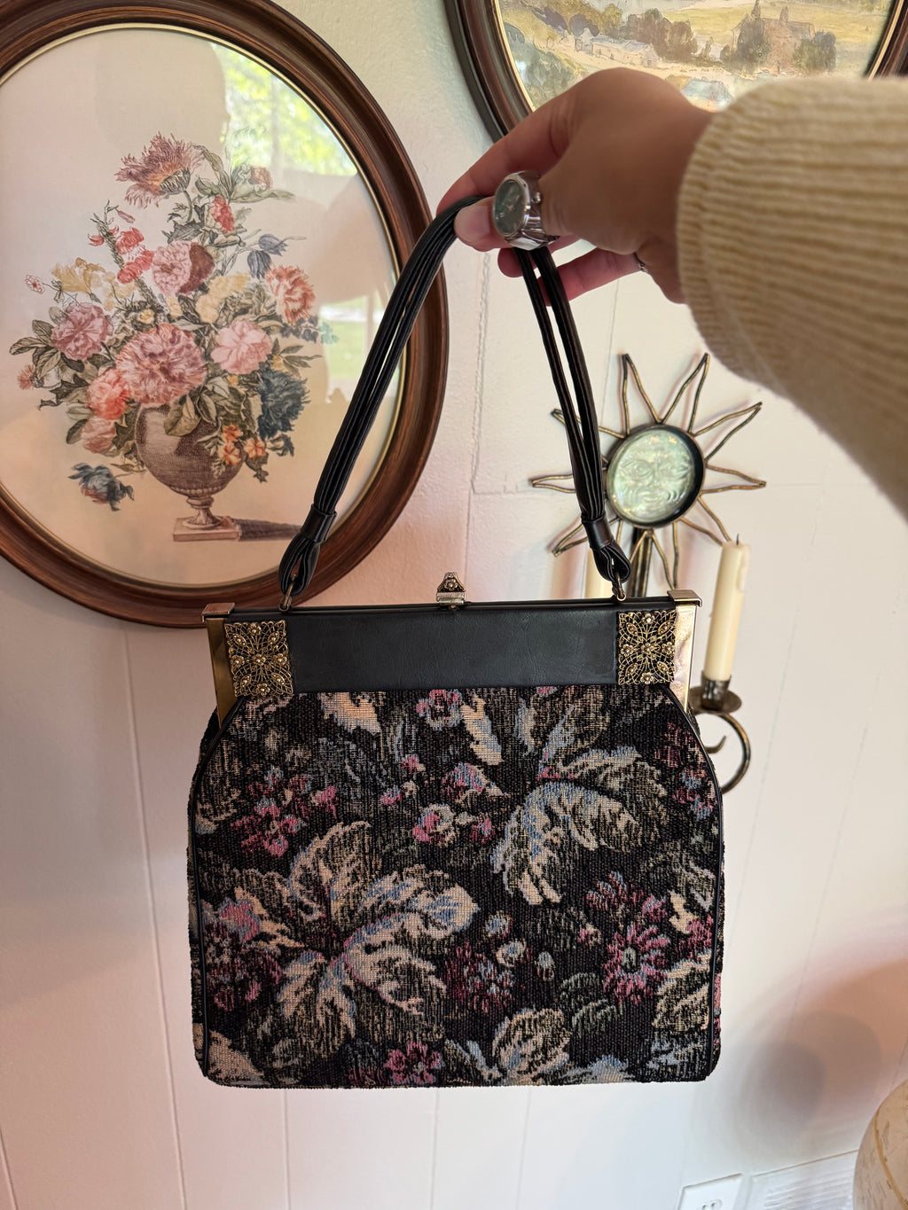 Vintage Black Floral Tapestry Handbag