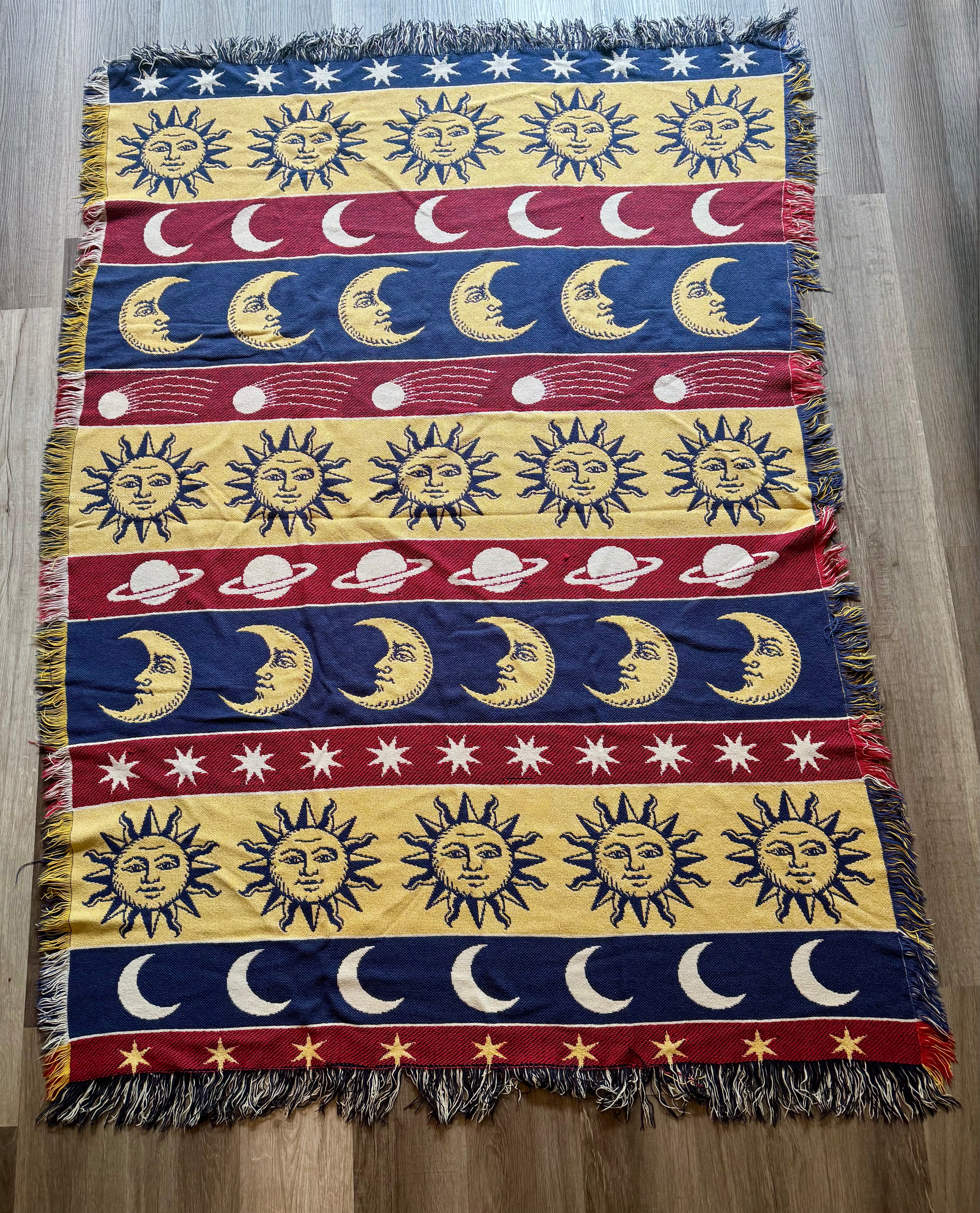 Vintage 90s Celestial Throw Tapestry Blanket Sun Moon Stars Whimsigoth