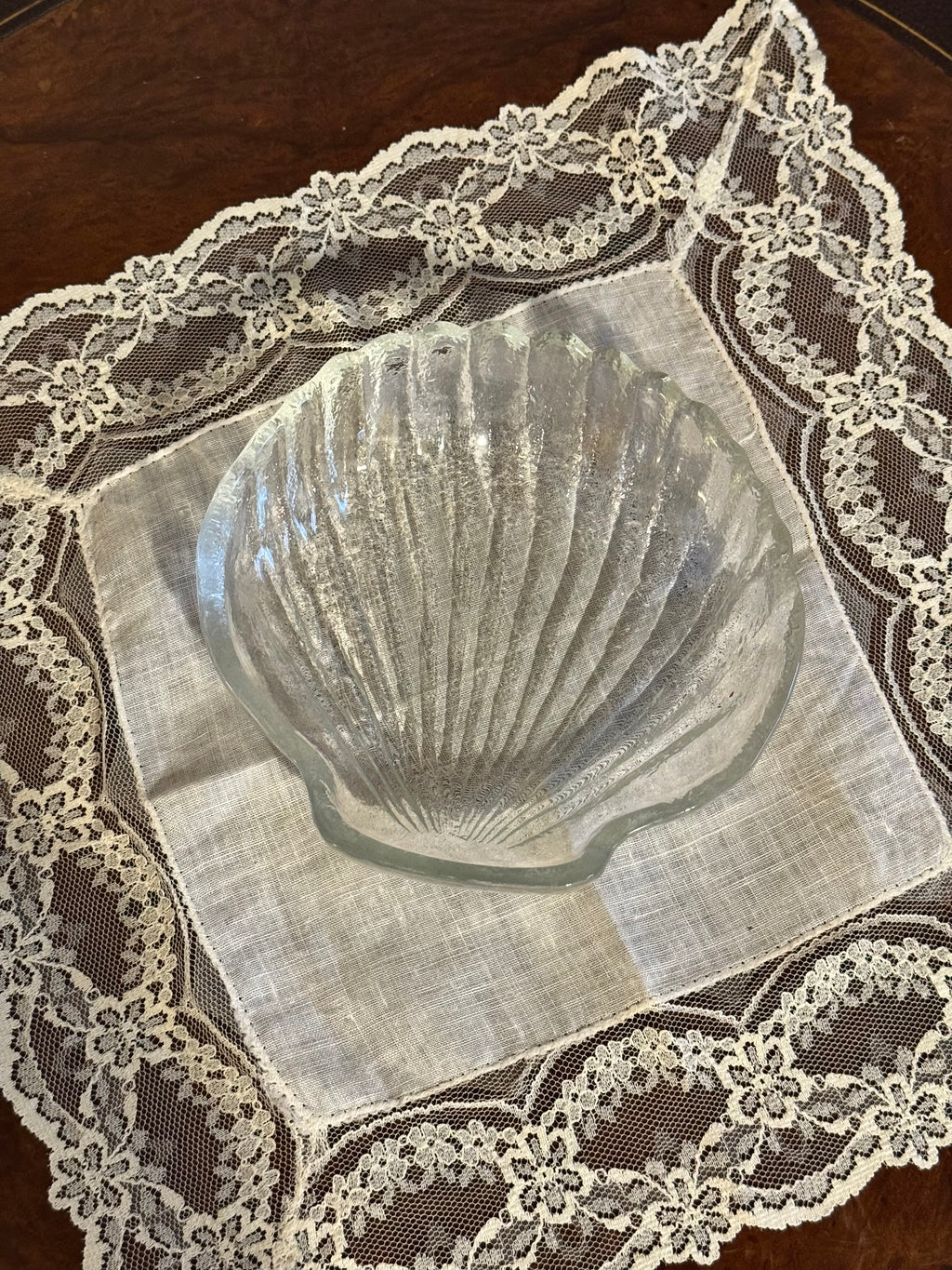 Vintage Pressed Glass Scallop Shell Dish, Coastal Trinket Catchall 🐚