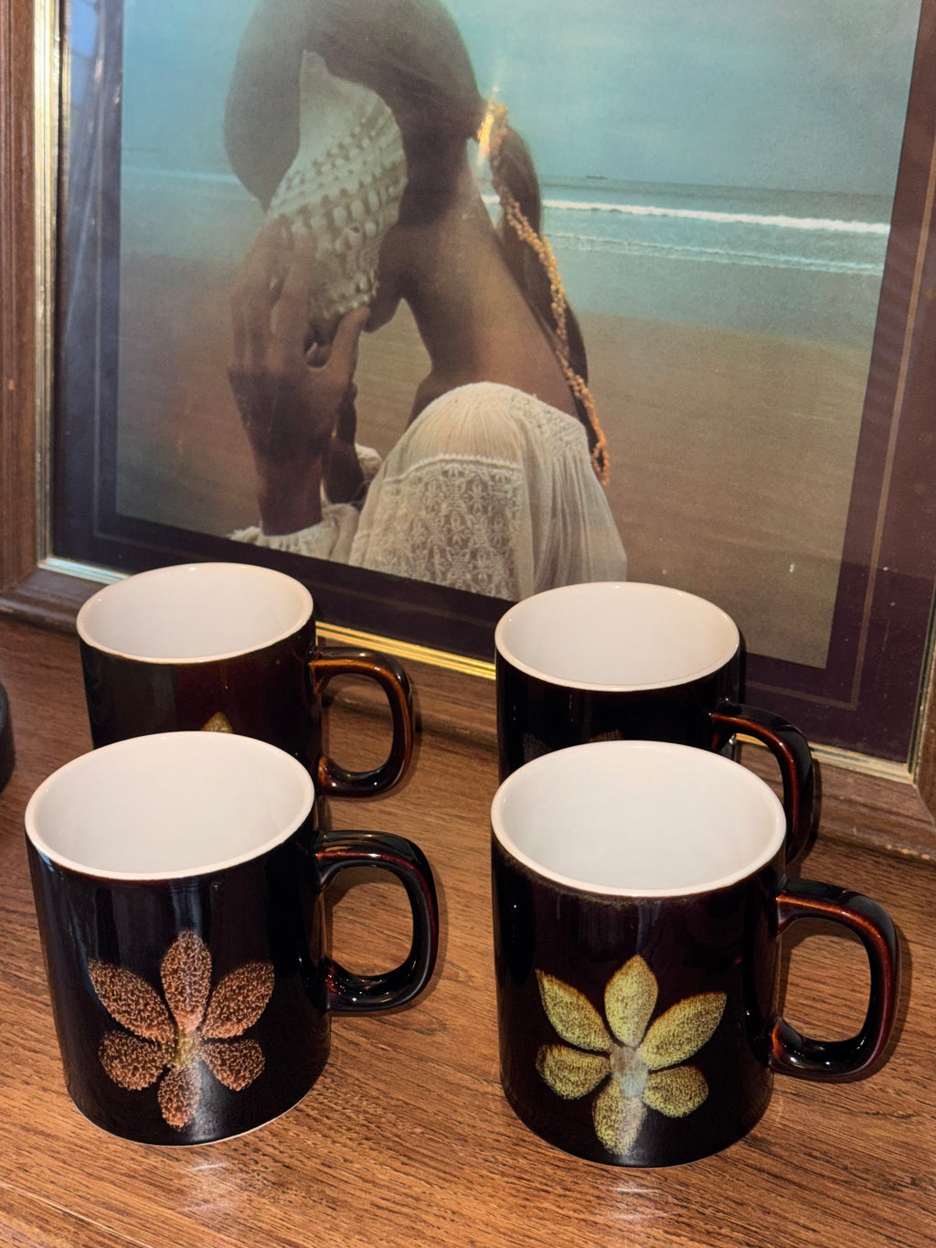 Vintage Brown Floral Ceramic Mugs, Set of 4