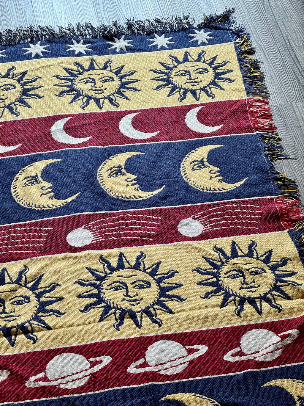 Vintage 90s Celestial Throw Tapestry Blanket Sun Moon Stars Whimsigoth