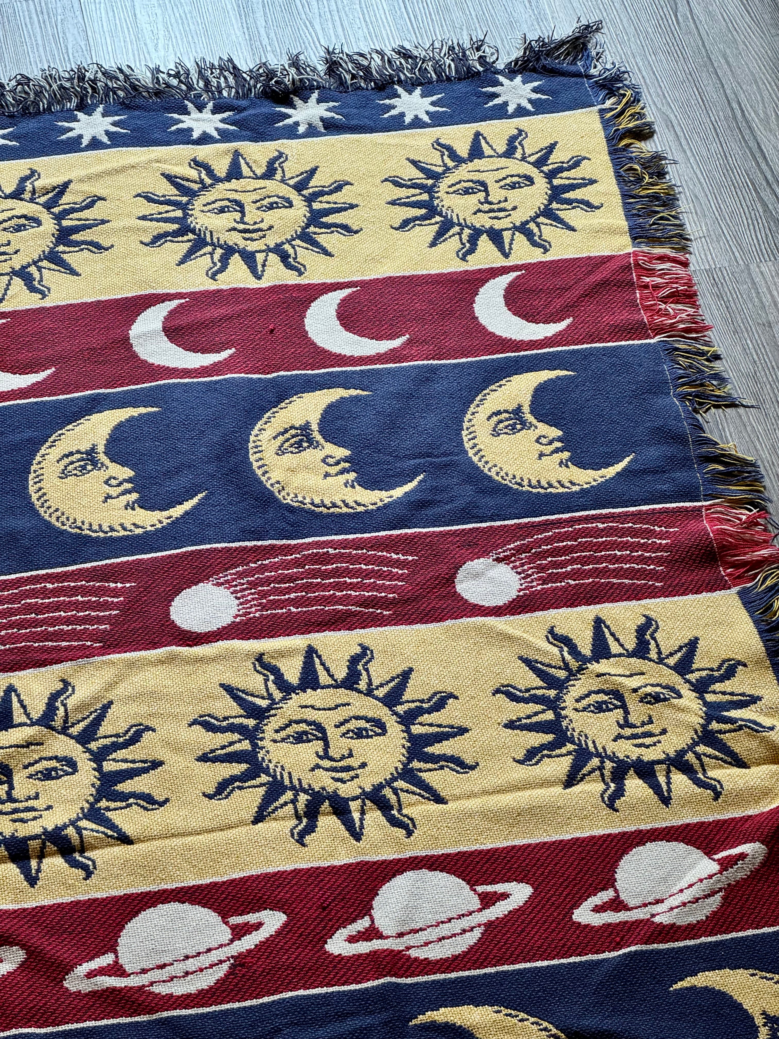 Vintage 90s Celestial Throw Tapestry Blanket Sun Moon Stars Whimsigoth