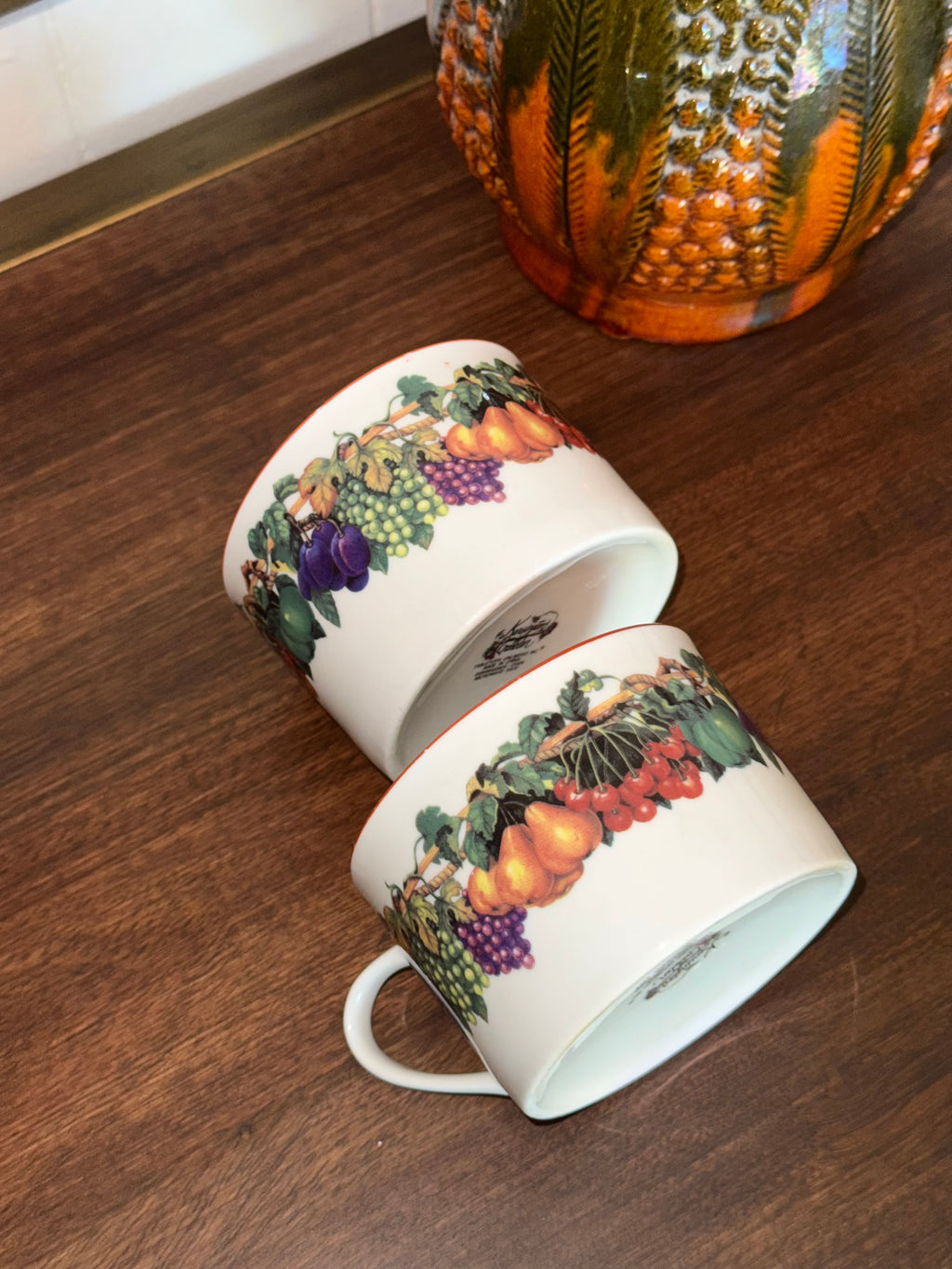 Tabletops Unlimited “Kensington Garden” Fruit Pattern Tea Cups, Set of 2 🍇 🍐 🍒 🍏 ☕️