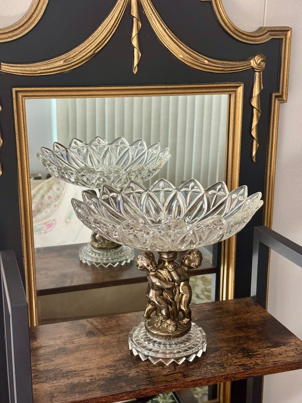 Vintage Federal Glass Petal Pressed Glass Pedestal Compote Dish with Brass Cherubs Hollywood Regency
