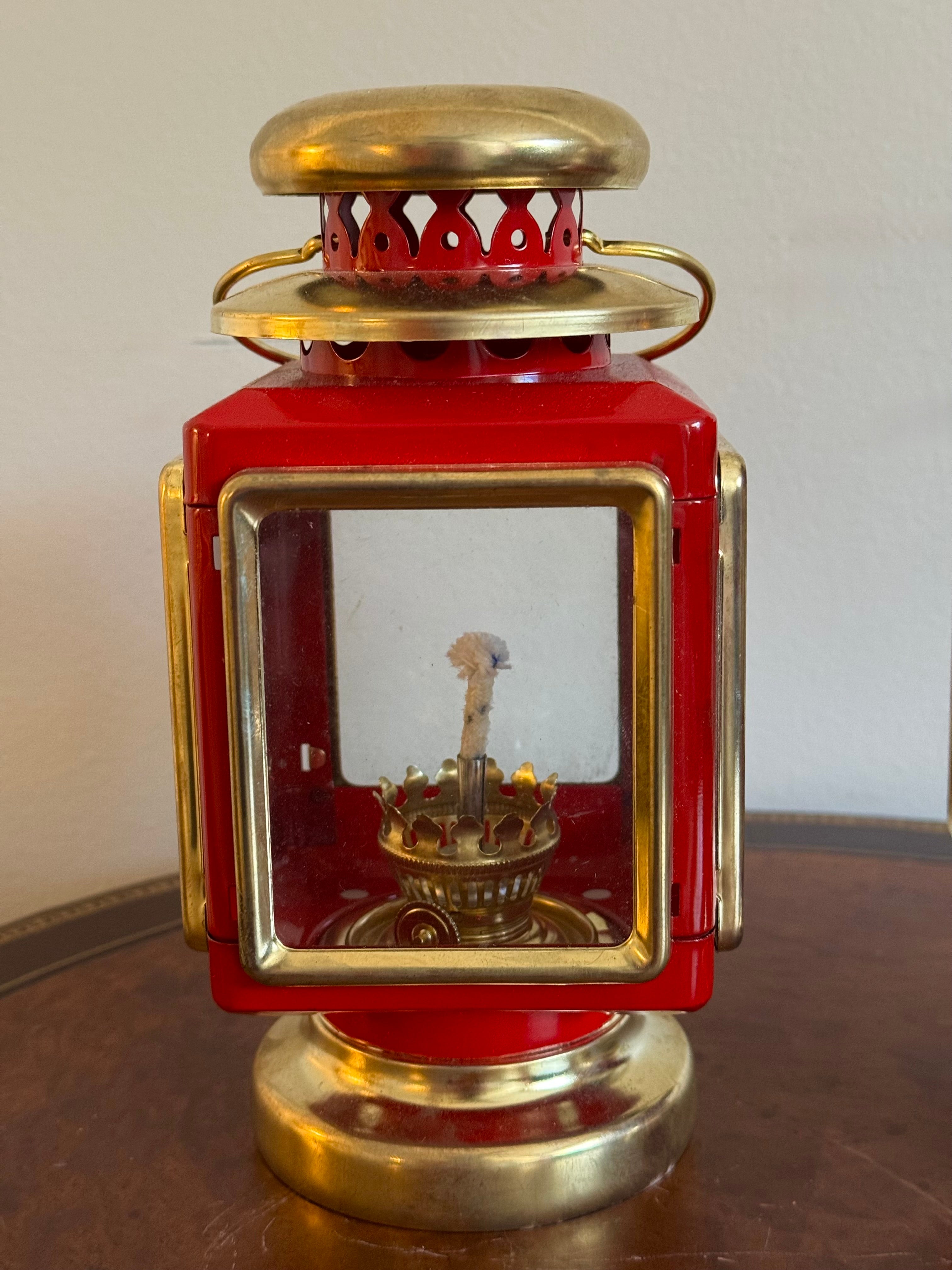 Vintage Red & Brass Lantern Oil Lamps, Set of 2
