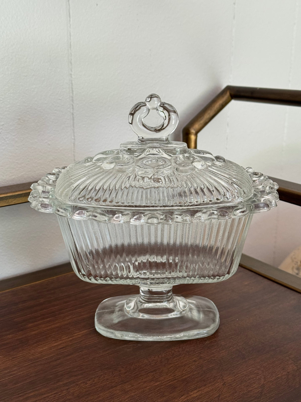 Indiana Glass Lace Edge Clear Glass Pedestal Candy Dish 1950s