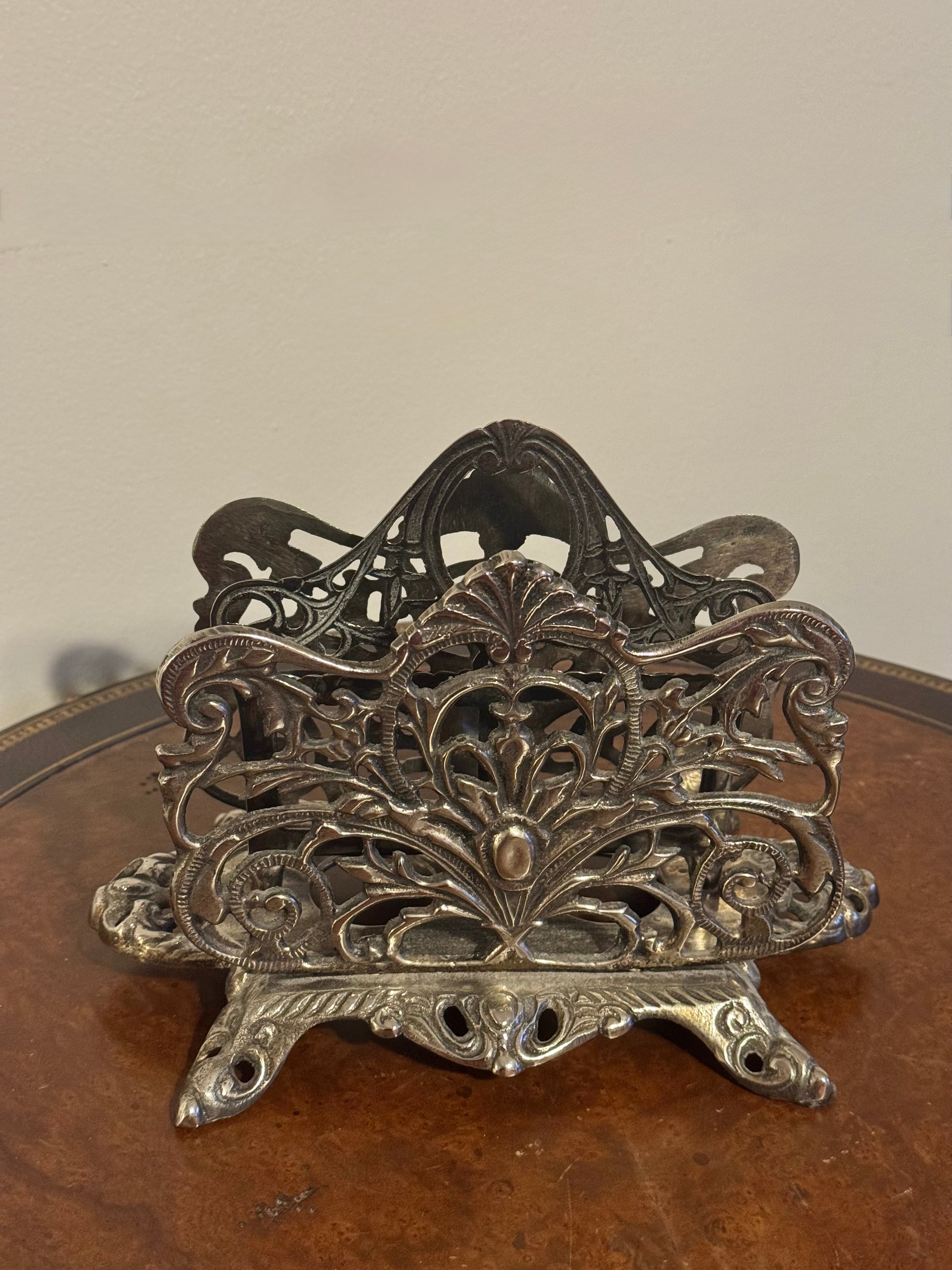 Vintage Ornate Silver-Toned Metal Letter/Napkin Holder Art Nouveau