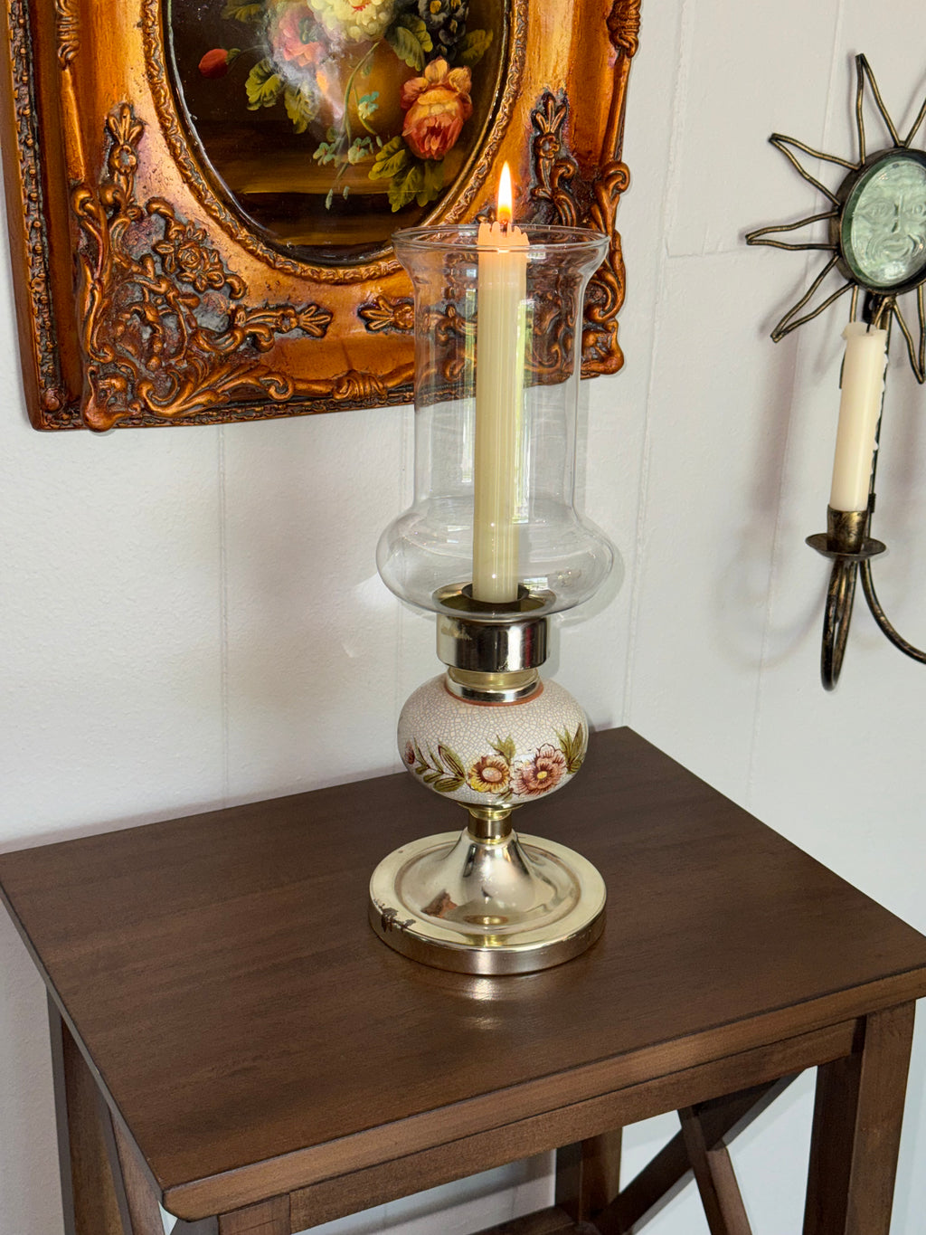 Vintage Hurricane Candlestick Holder with Glass Chimney & Floral Base - Metal & Ceramic