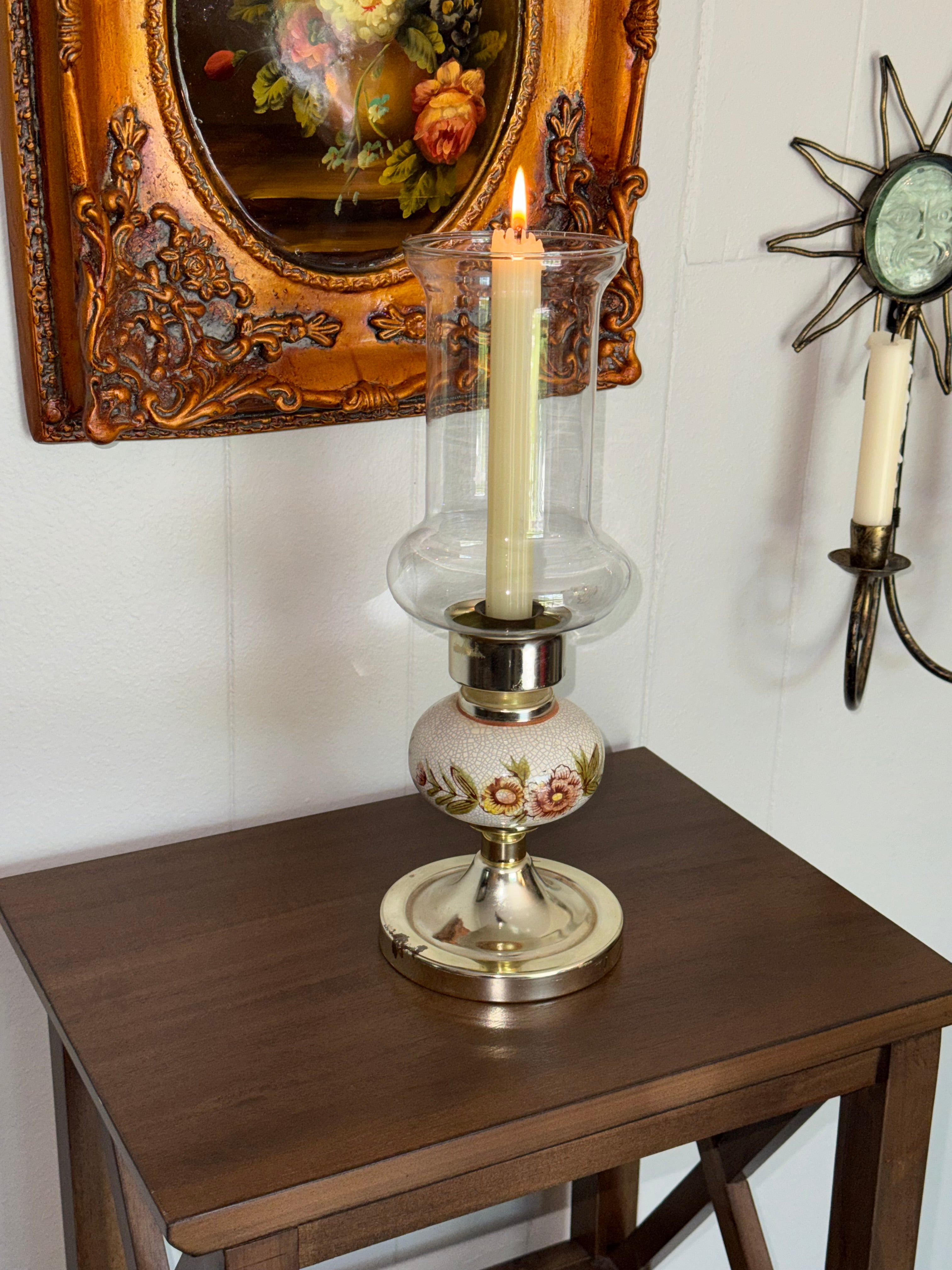 Vintage Hurricane Candlestick Holder with Glass Chimney & Floral Base - Metal & Ceramic