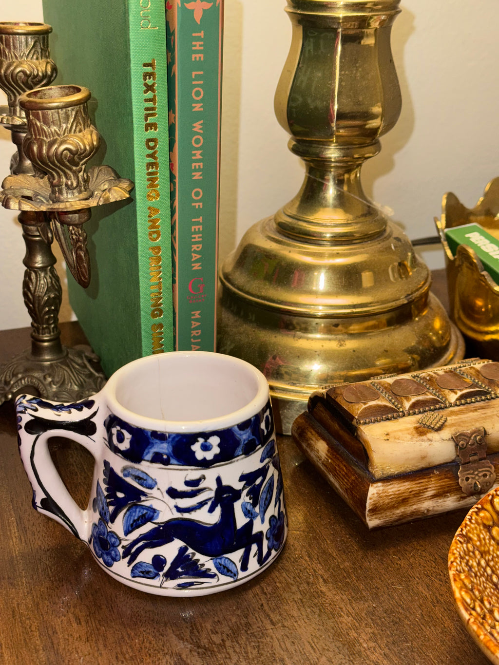 Vintage Handmade Greek Folk Pottery Mug, Cobalt Blue Leaping Deer & Floral Design—AS IS