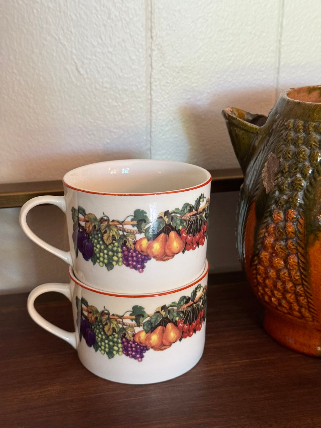 Tabletops Unlimited “Kensington Garden” Fruit Pattern Tea Cups, Set of 2 🍇 🍐 🍒 🍏 ☕️