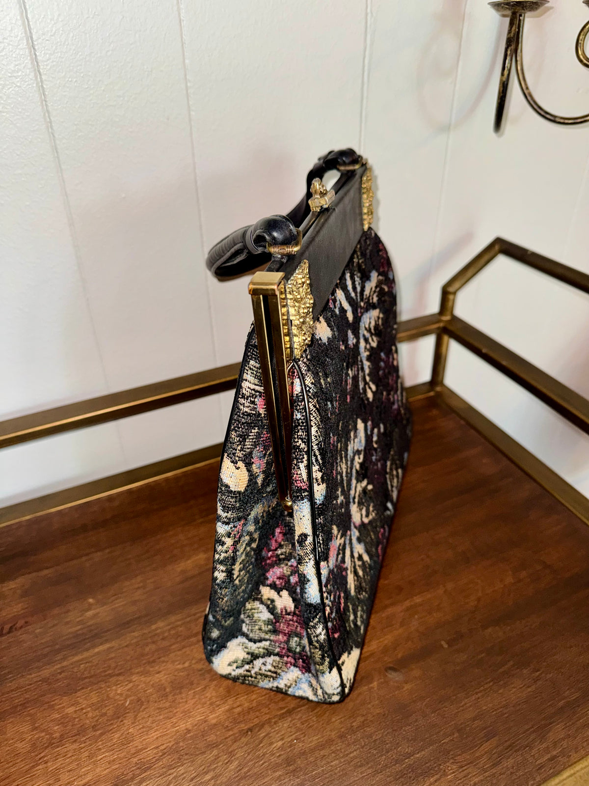 Vintage Black Floral Tapestry Handbag
