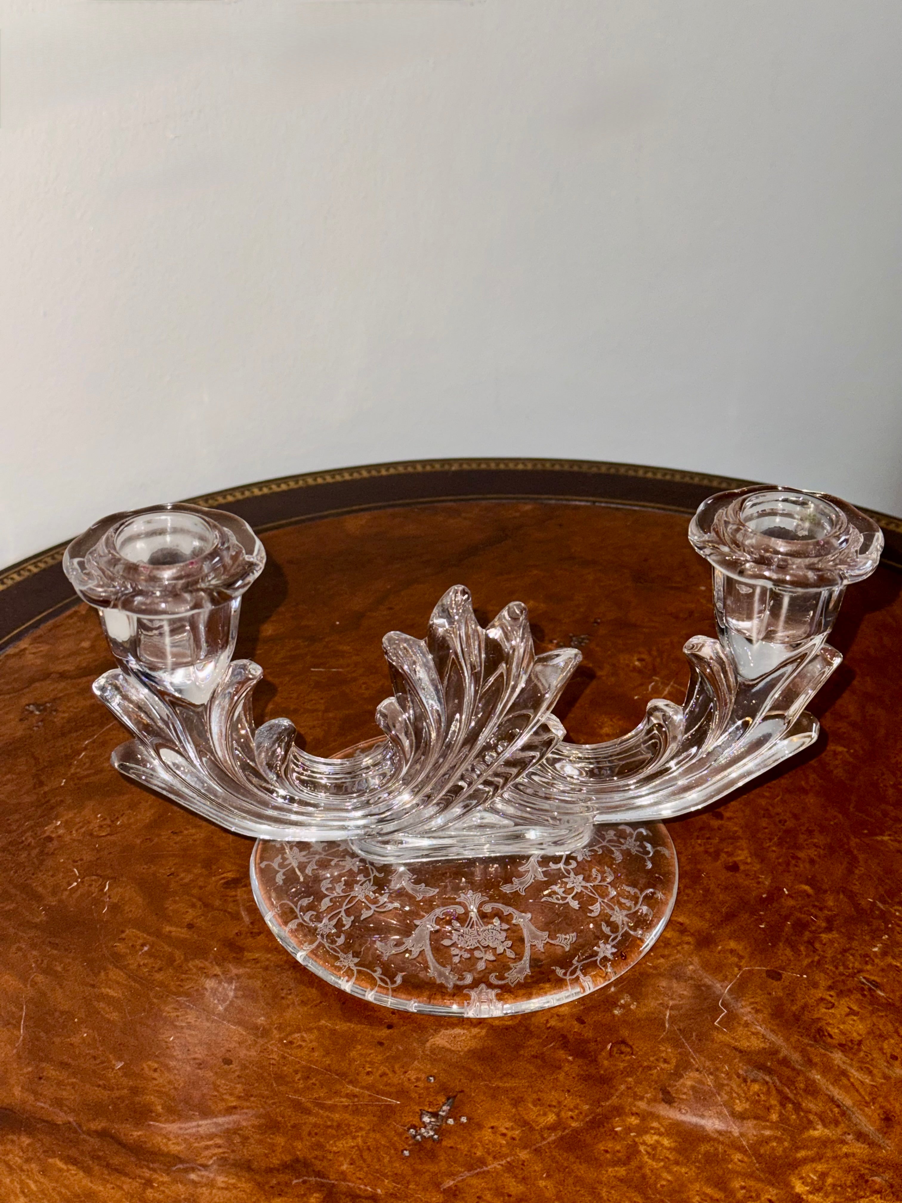 Etched Double Candlestick Holder / Chintz by Fostoria / Boroque Shaped