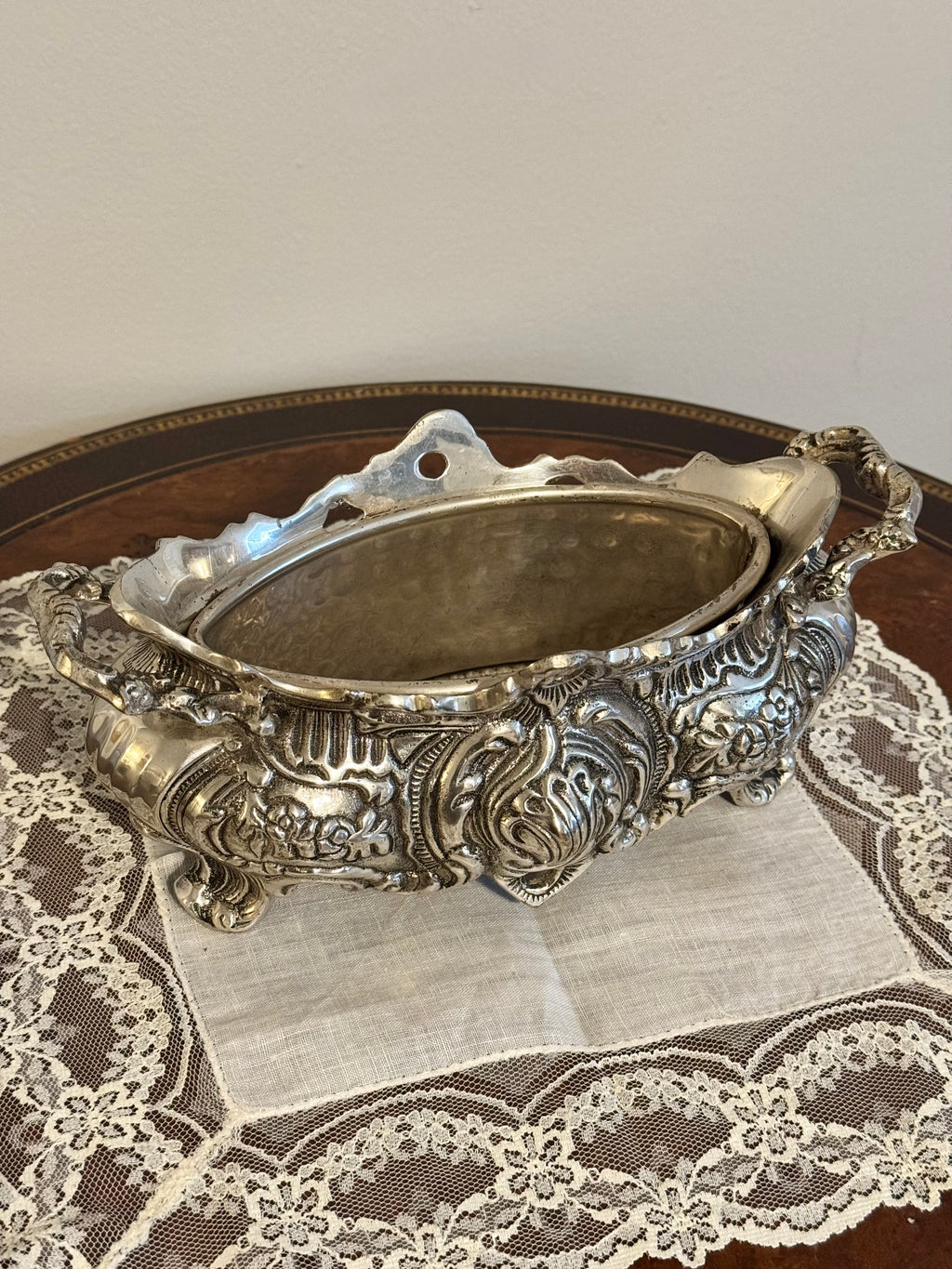 Vintage Ornate Rococo Silver-Toned Footed Planter