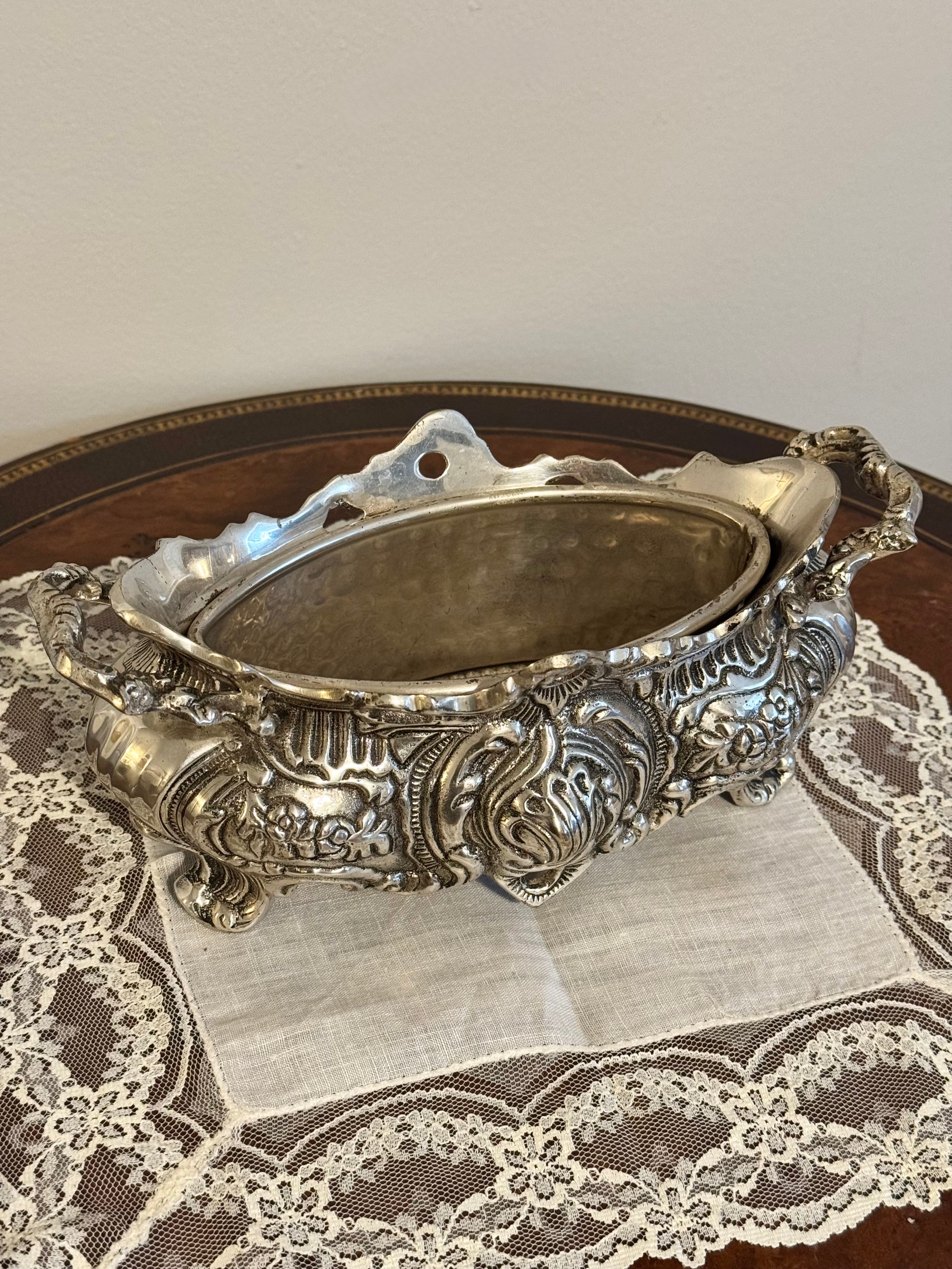 Vintage Ornate Rococo Silver-Toned Footed Planter