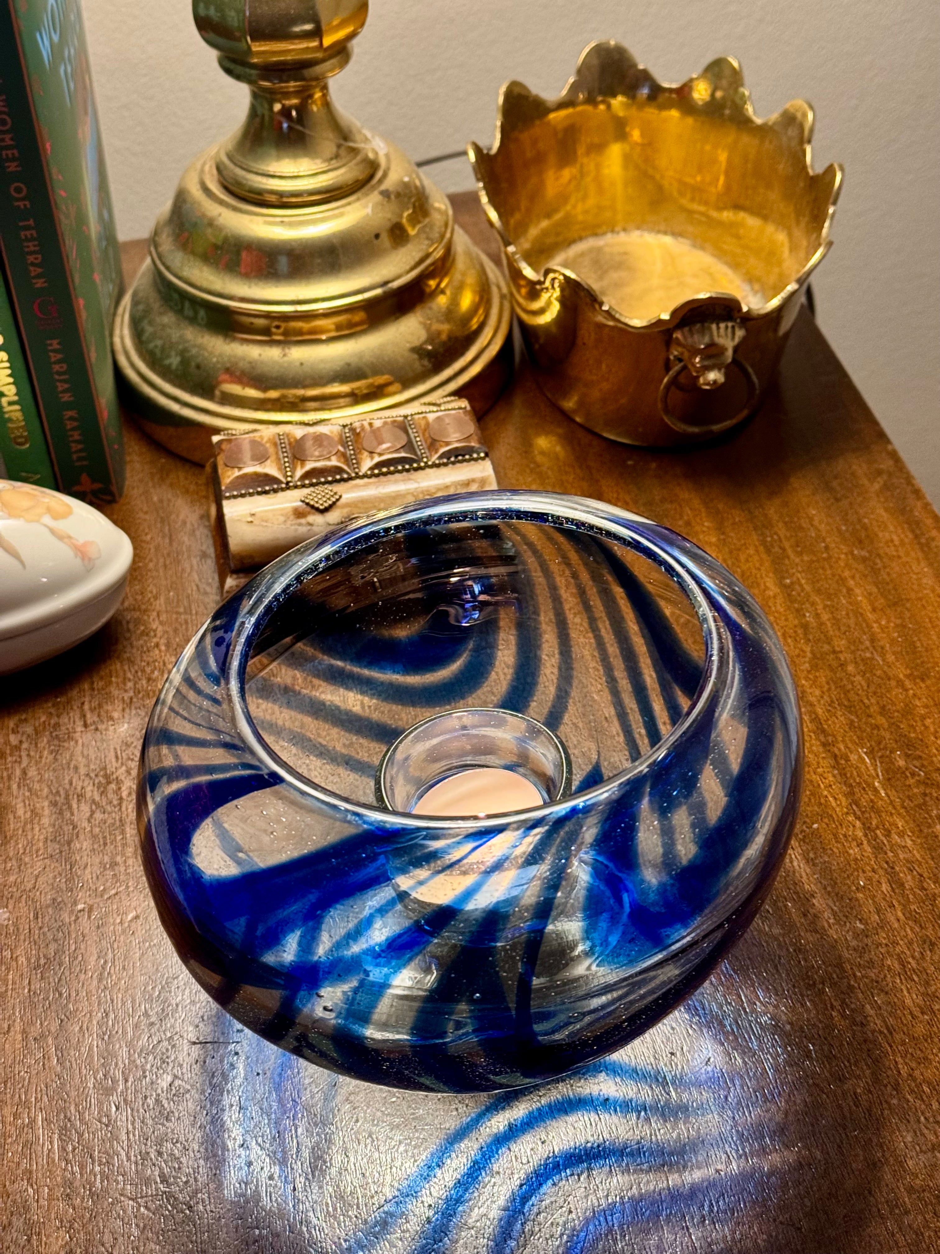 Vintage Hand-Blown Murano-Style Art Glass Tealight Holder, Cobalt Swirl, Pontil Mark