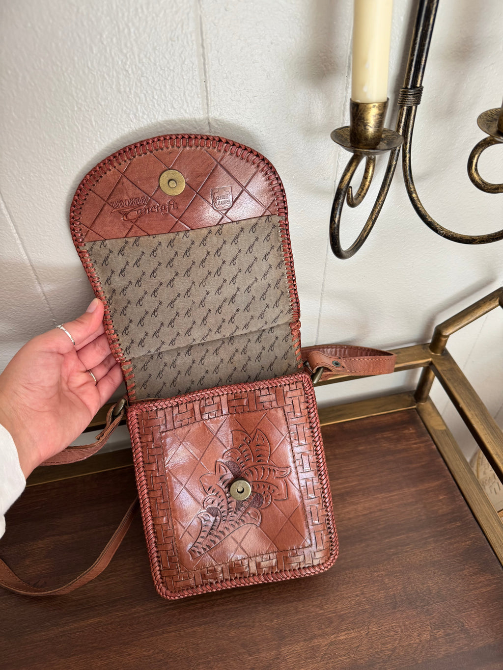Leather Floral Carved Bag, Made in India